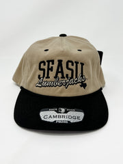 Cream corduroy and black snapback cap with “SFASU Lumberjacks” embroidered on the front.