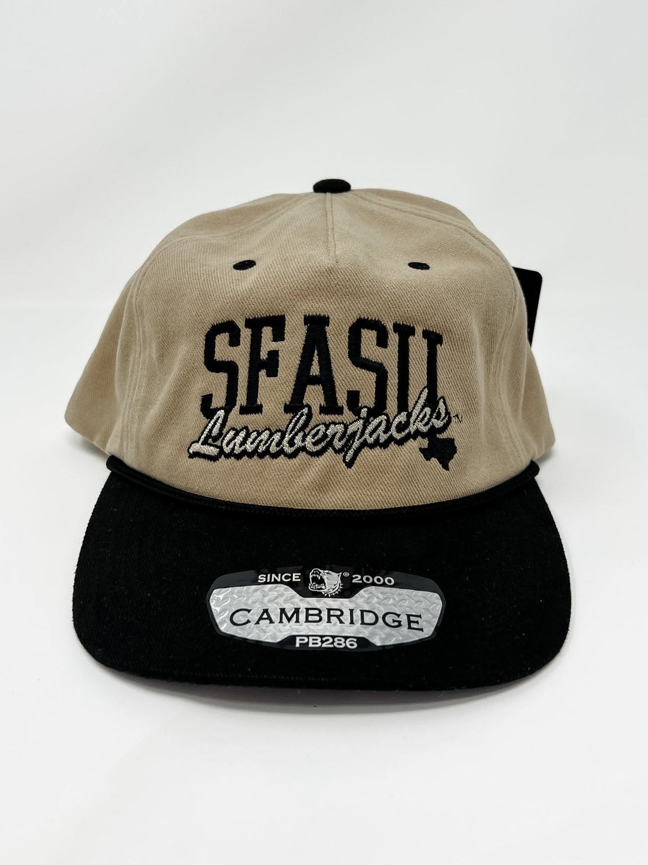 Cream corduroy and black snapback cap with “SFASU Lumberjacks” embroidered on the front.