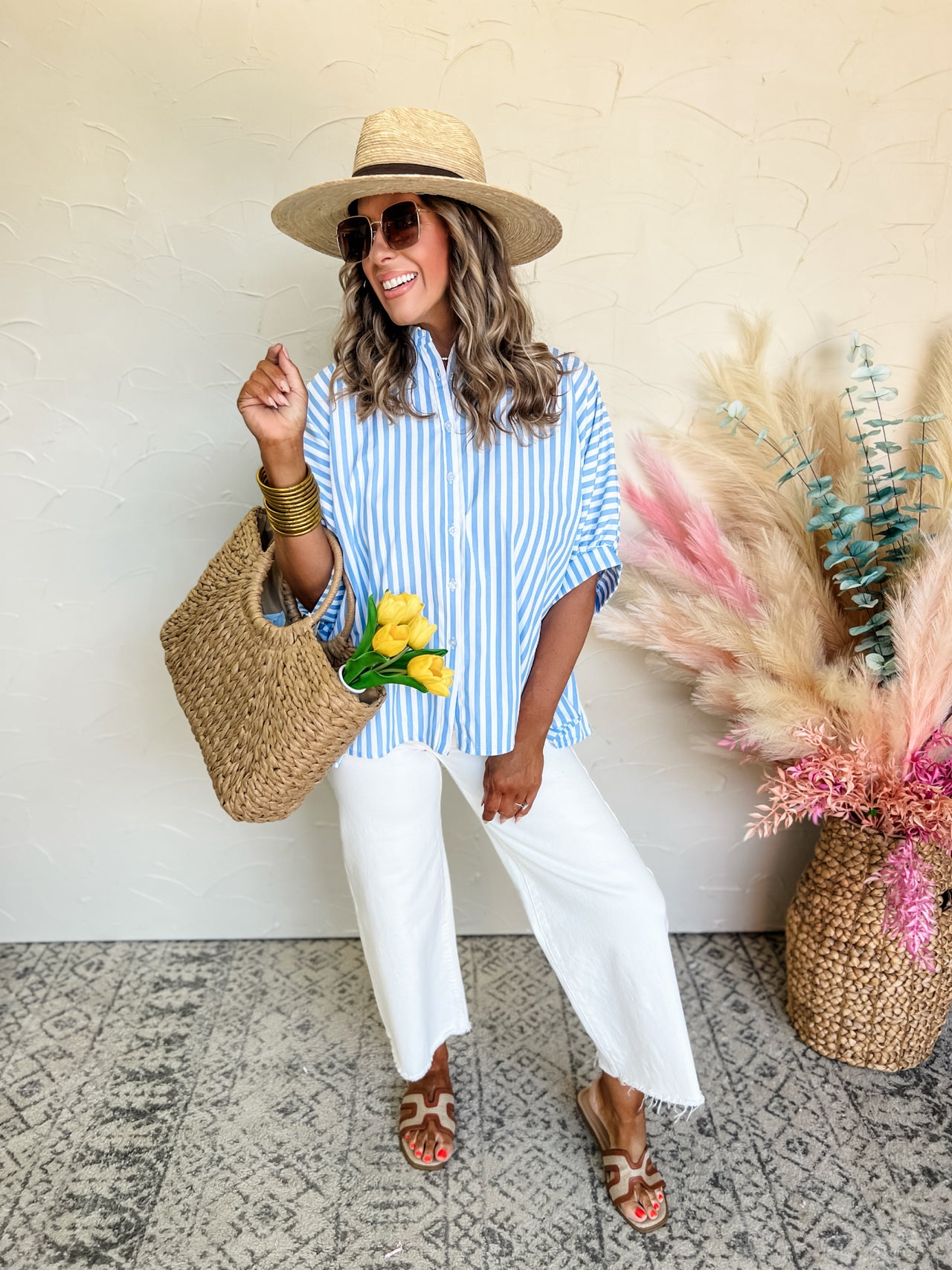 The Glory Days Oversized Button Down Striped Top- Blue