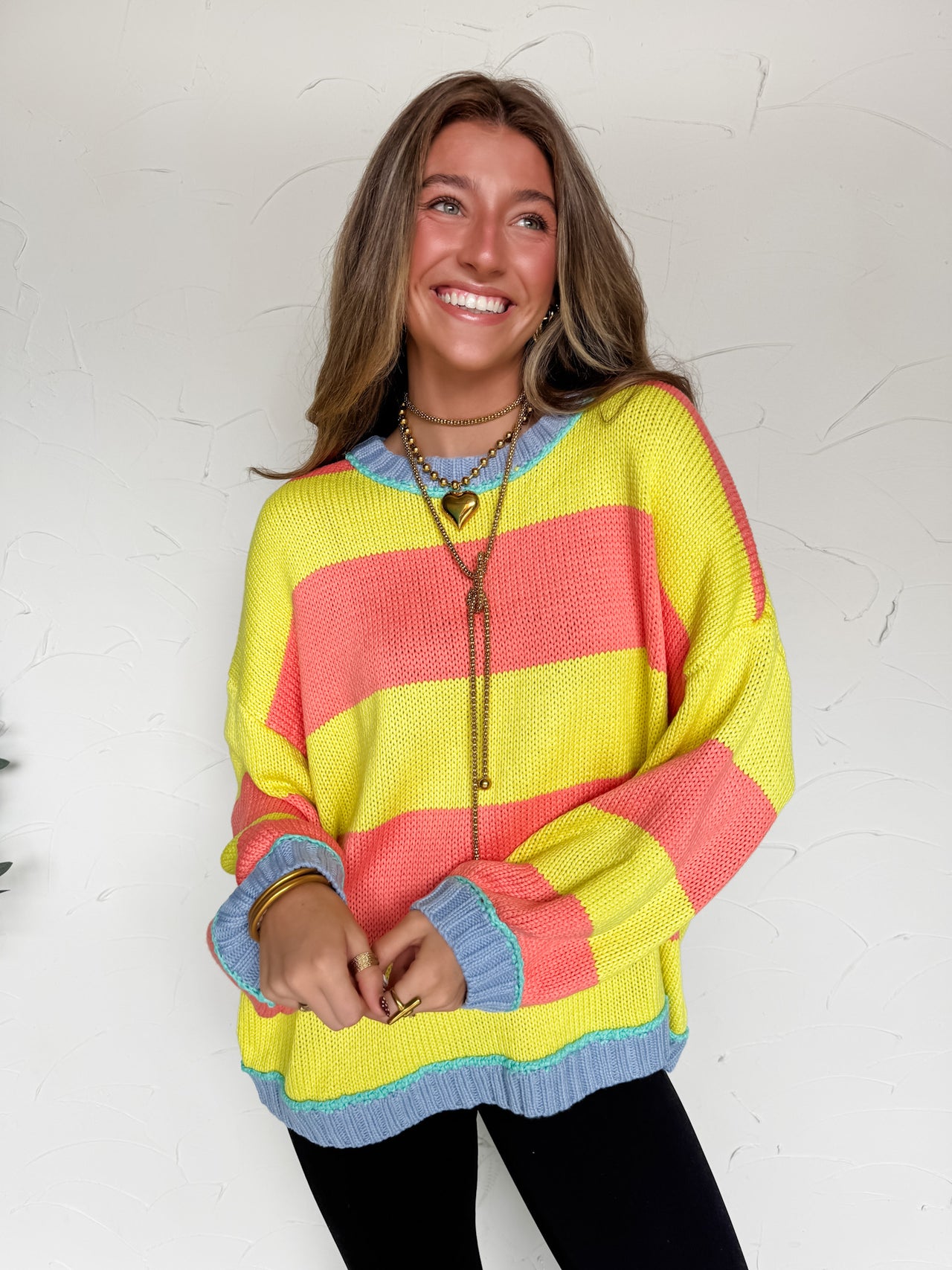 Bold & Sassy Ribbed Stripe Sweater- Lemon/Coral