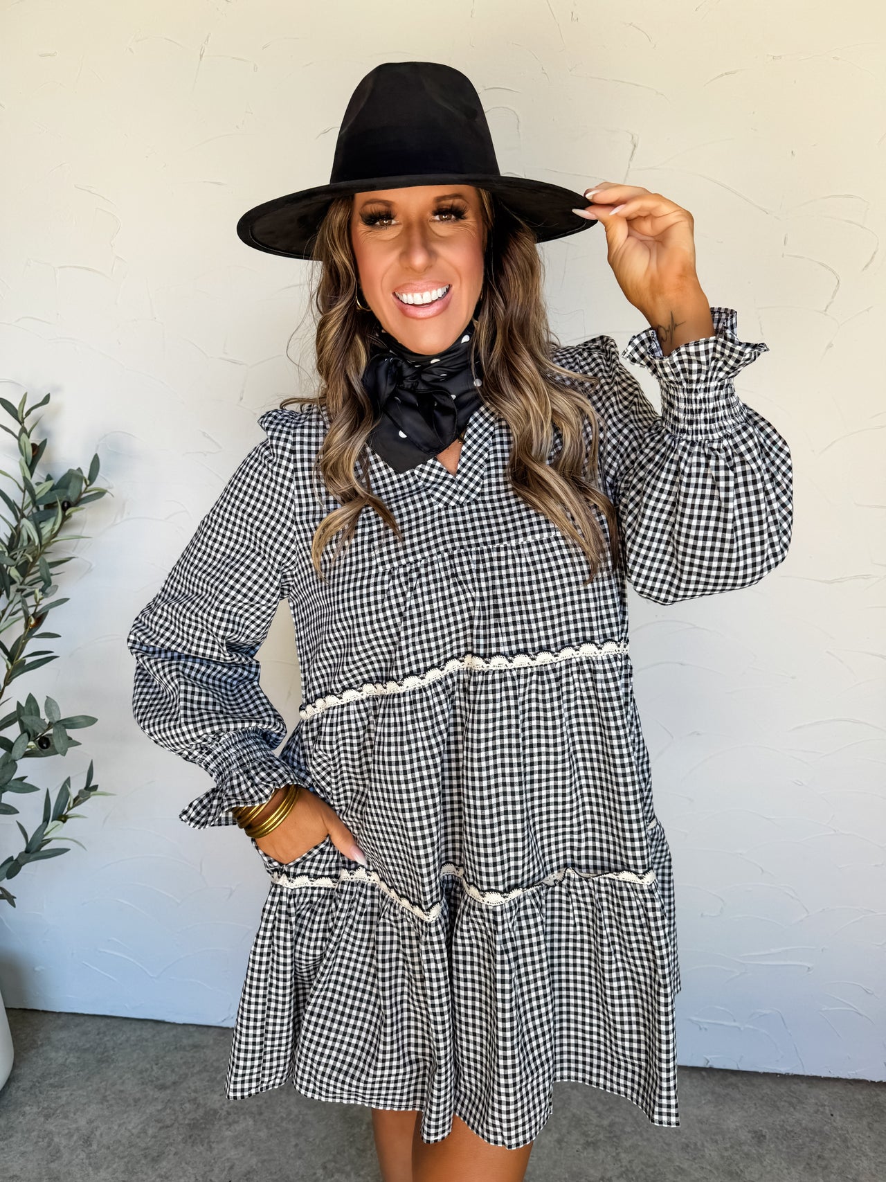 Anything Can Happen Gingham Lacey Tiered Seams Mini Dress