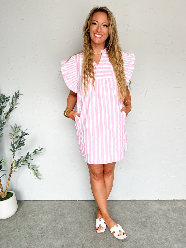 Drifting Thoughts Stripe Cap Sleeve Dress- Pink