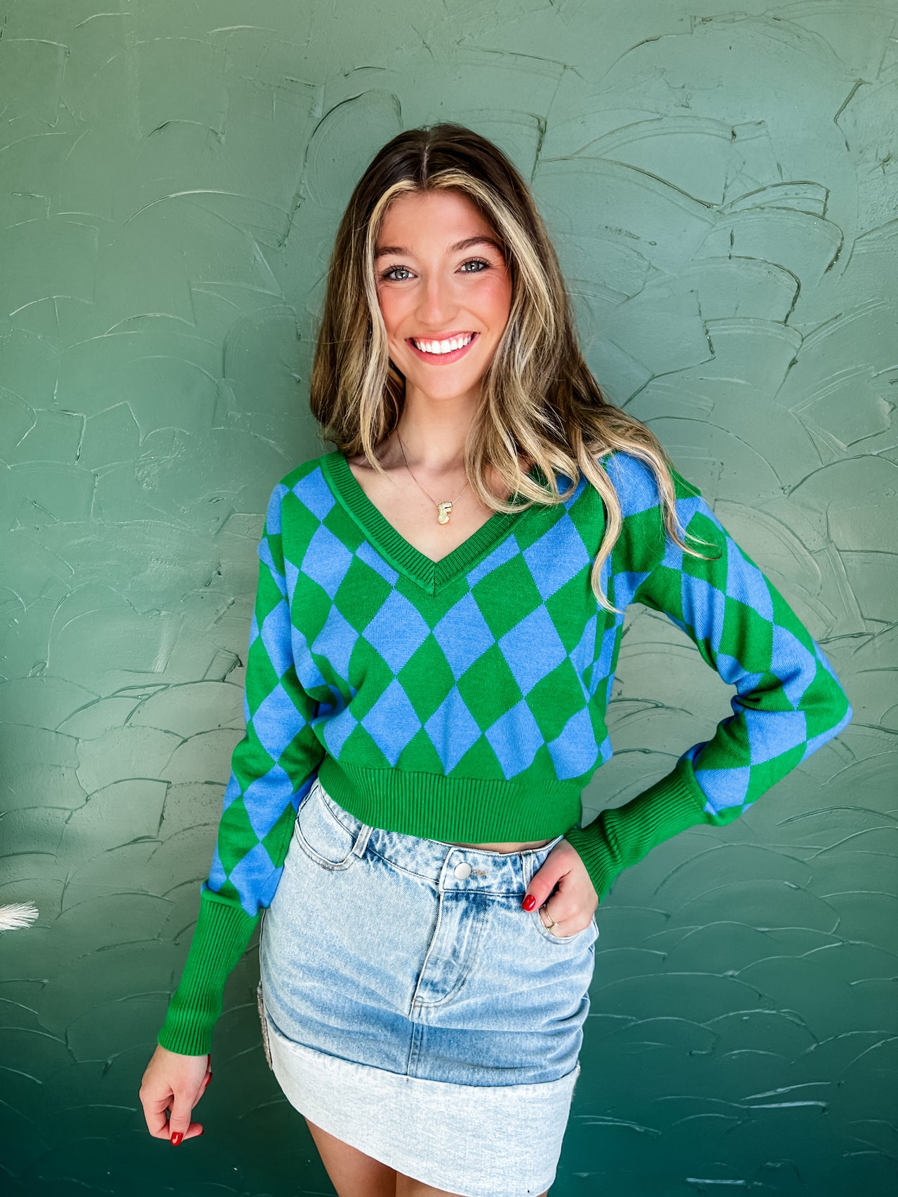 Just My Type Argyle Crop Sweater- Green Blue