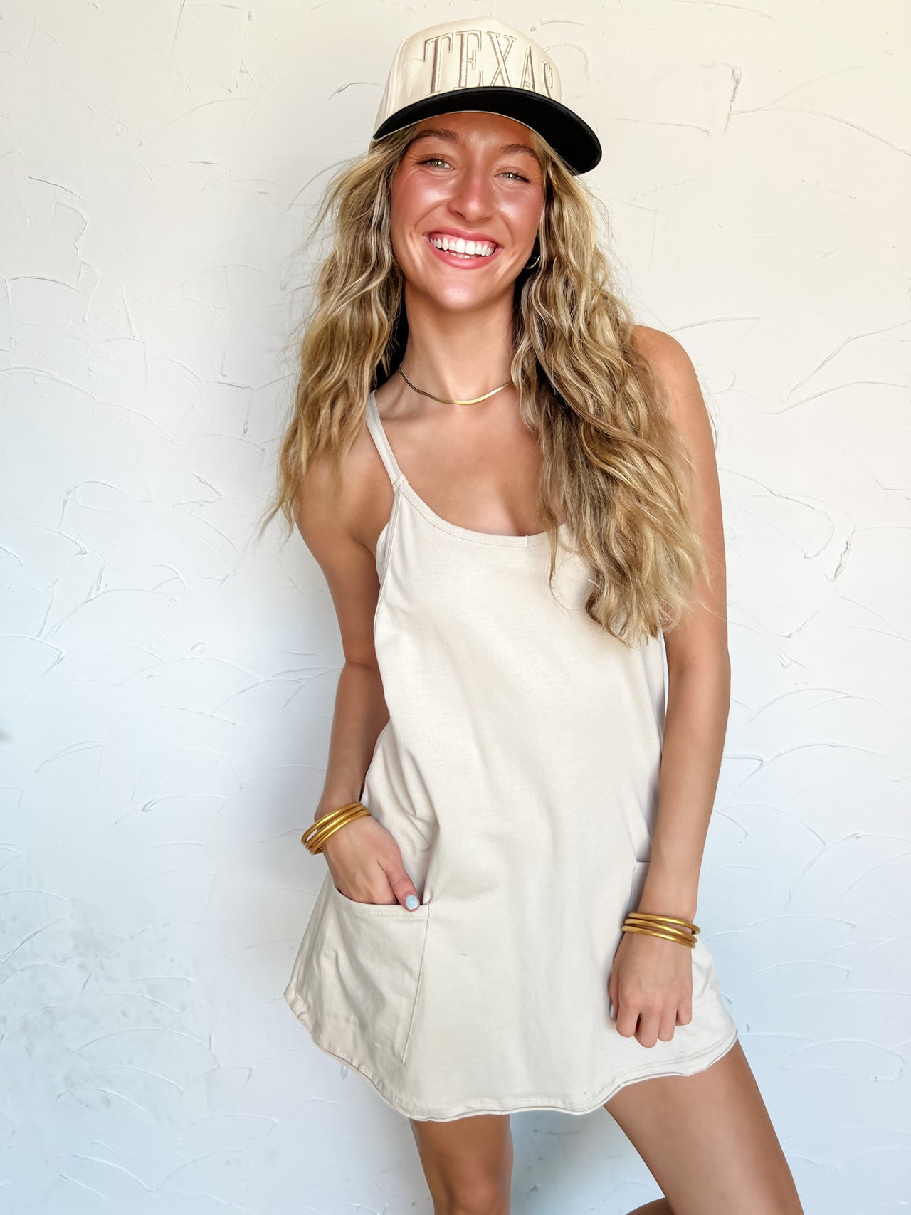 It's The Little Things Romper Lined Dress- Sand Beige