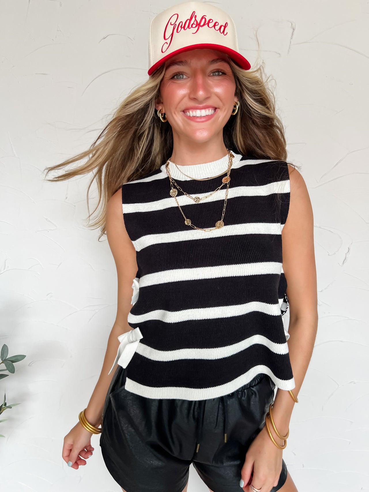 Call The Shots Side Bow Knit Striped Top- Black