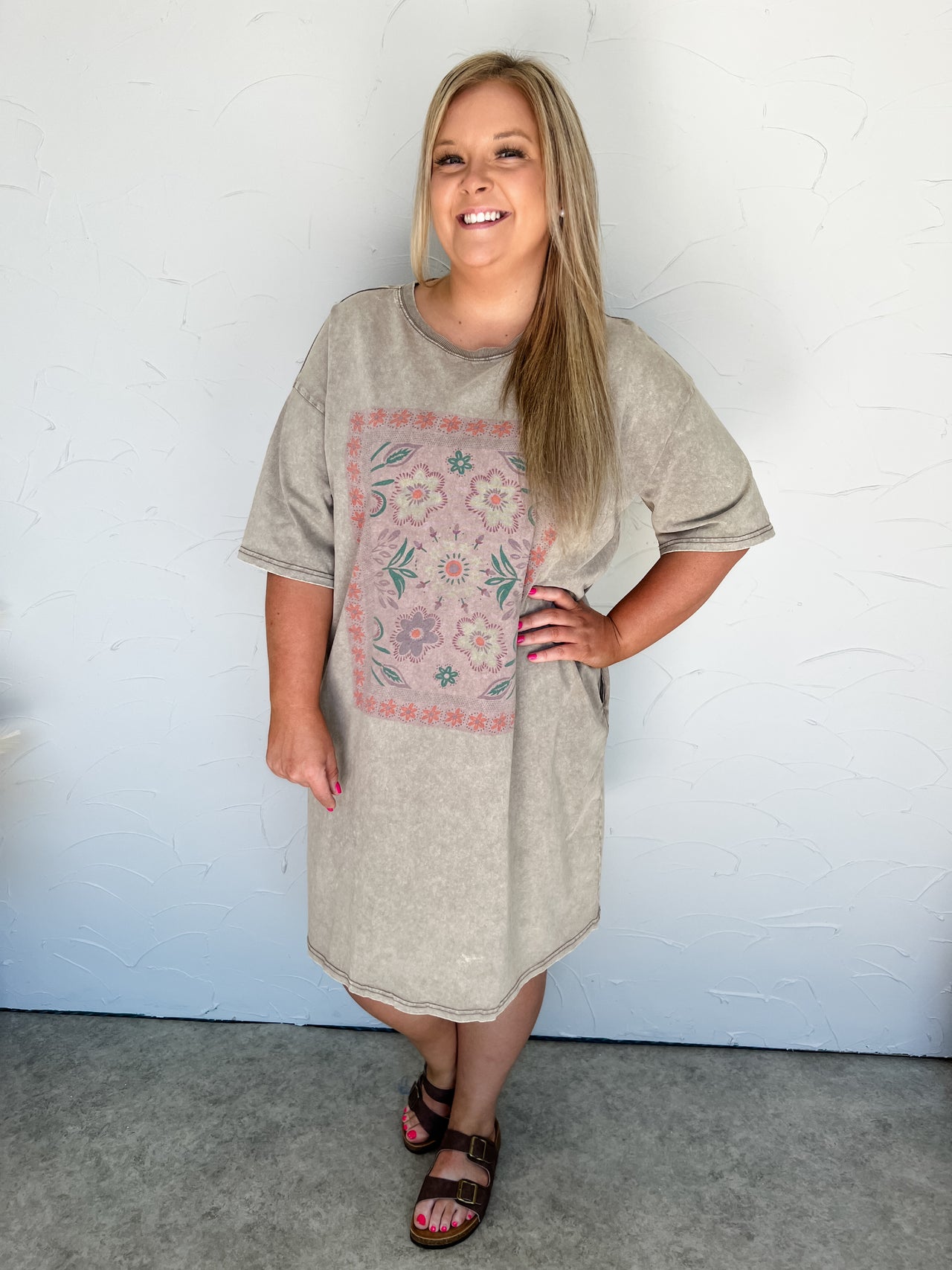 Boho Graphic Floral T-Shirt Dress- Mocha