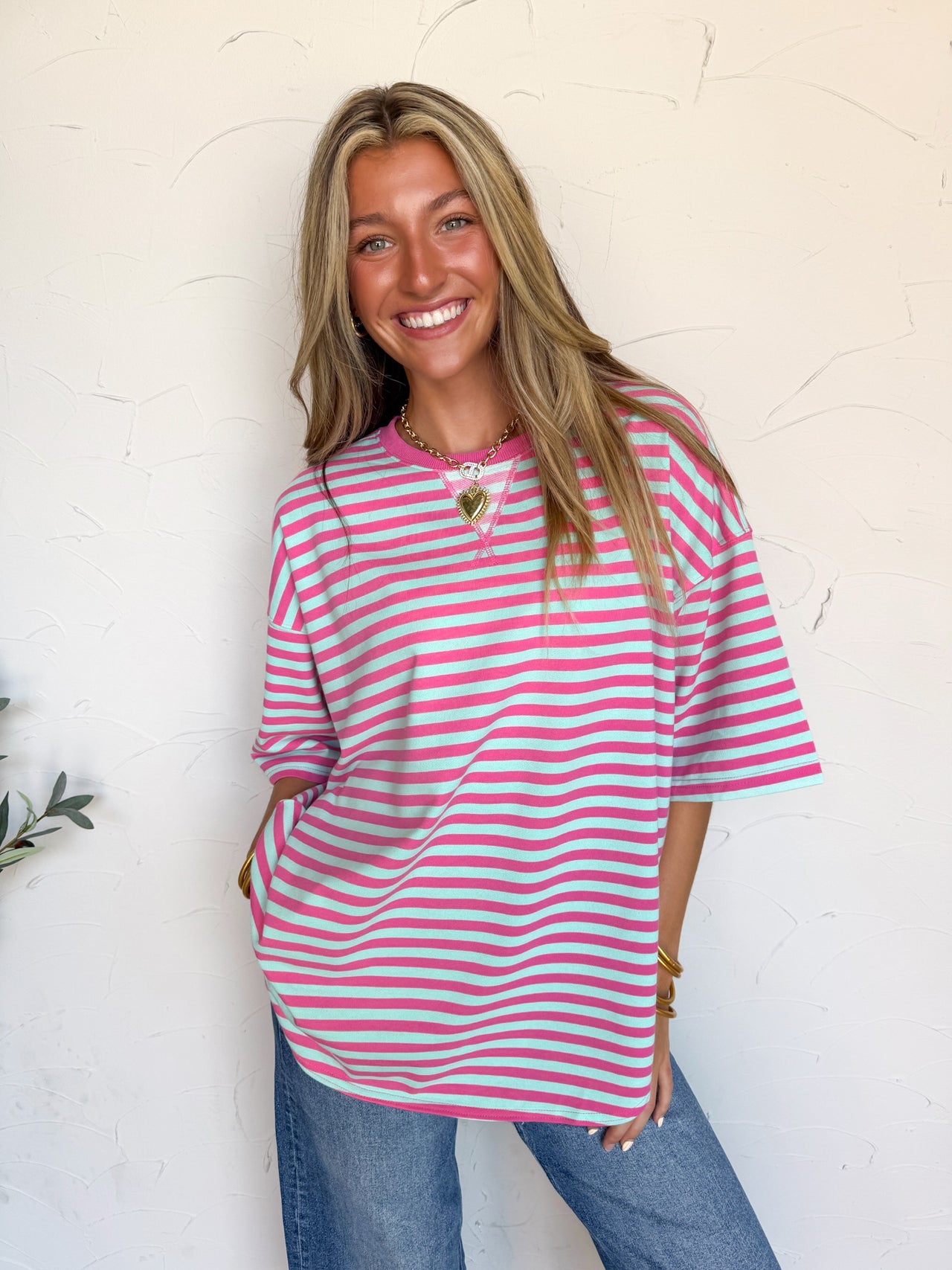 Cute As They Come Stripe Oversized Top- Pink/Blue