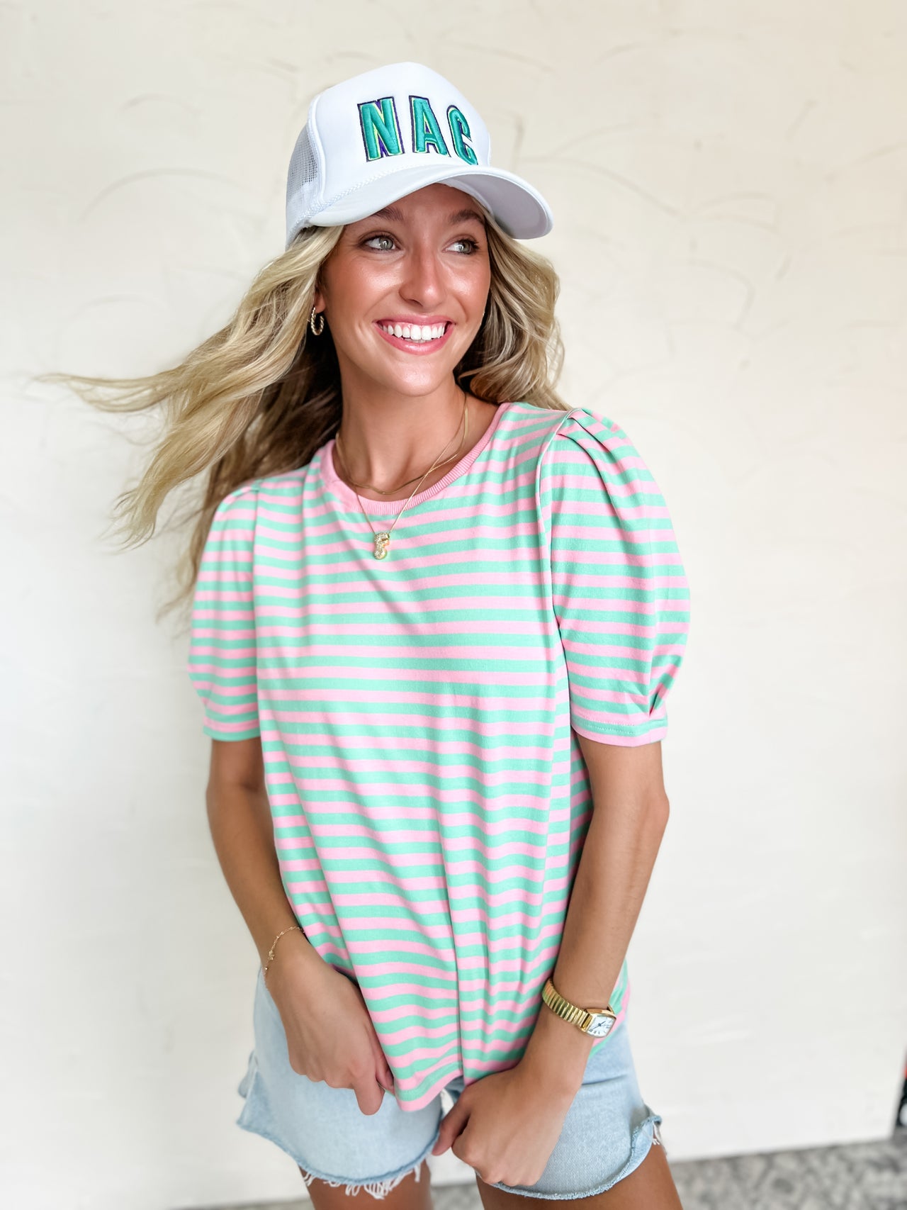 Going That Way Multi Striped Puff Sleeve Top- Candy Pink/Mint