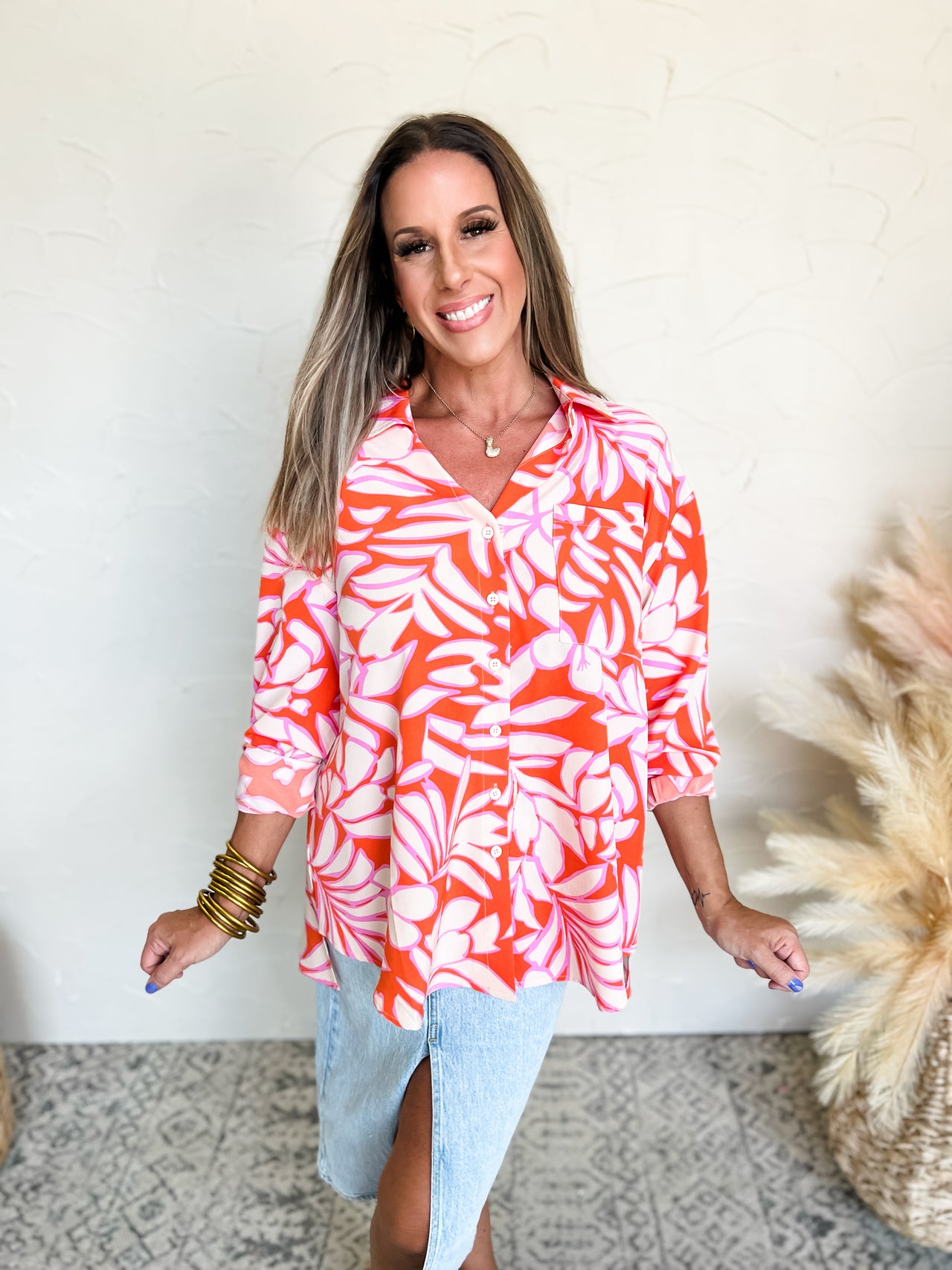 Island Dream Tropical Print Long Sleeve Button Top