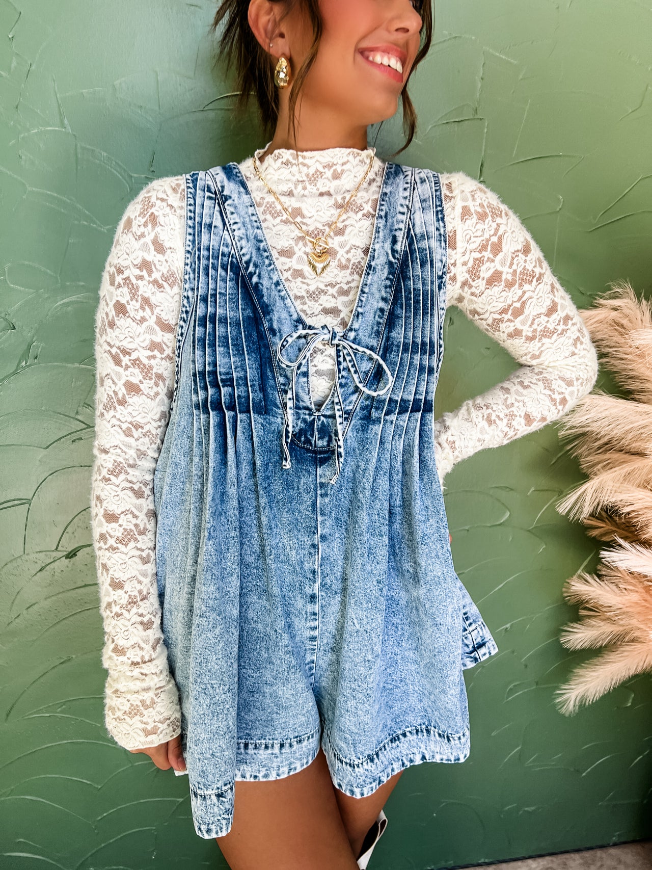 Let's Be Clear V Neck Pleated Denim Romper