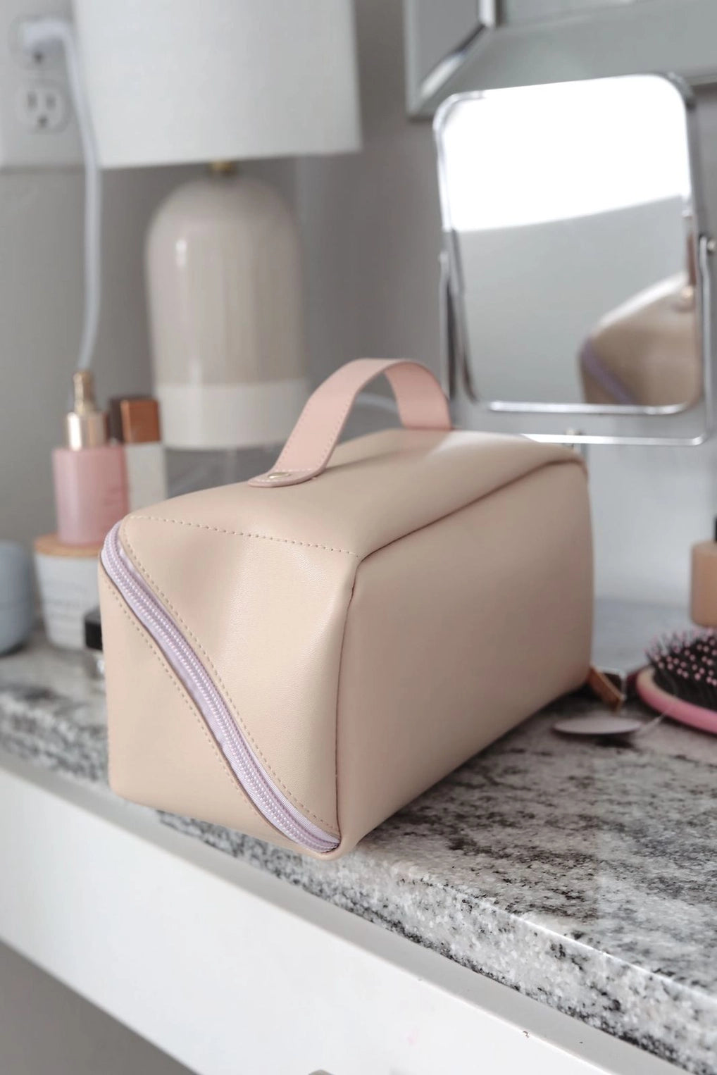 Tan Hold All Triangle Make Up Bag