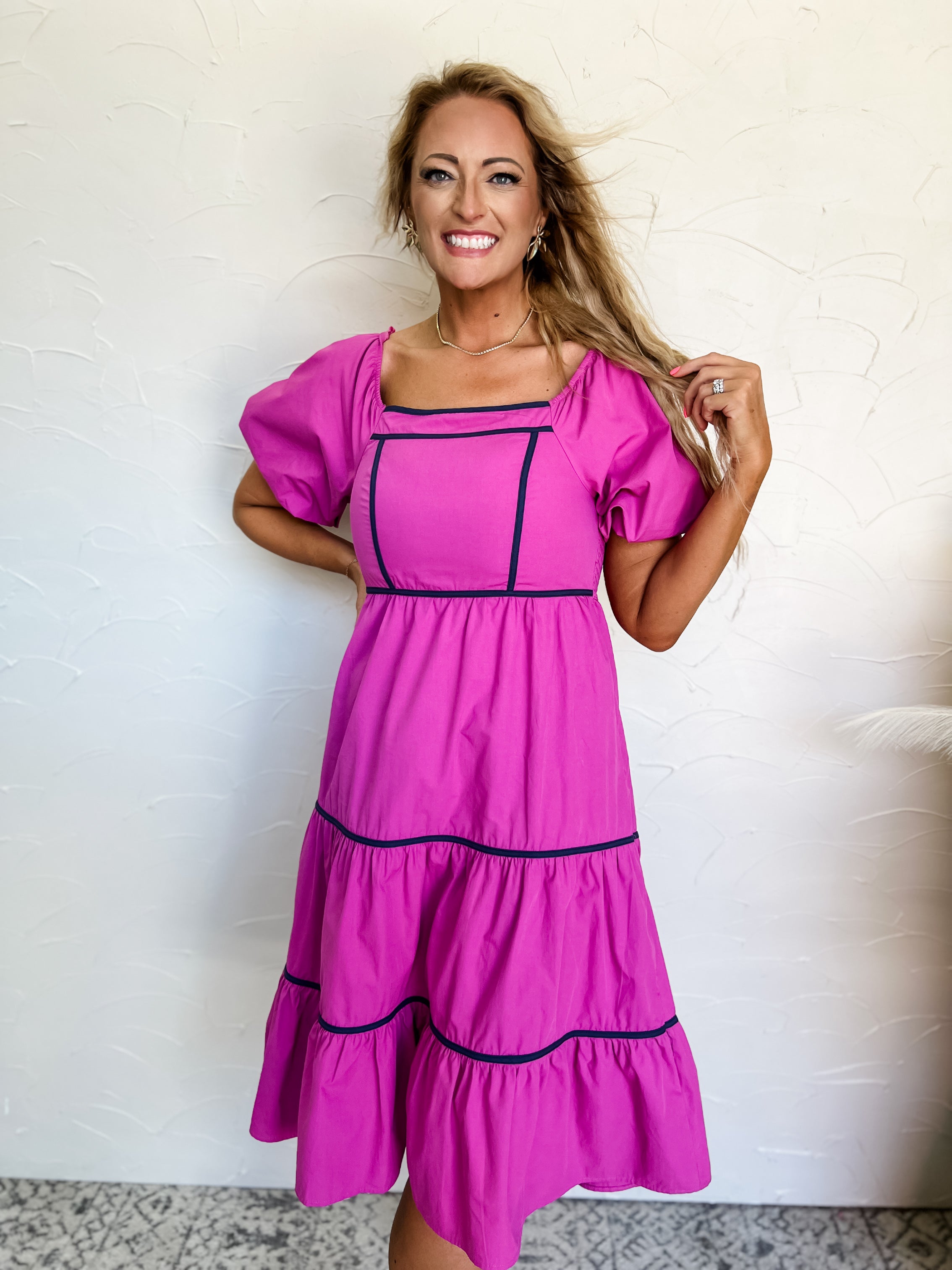 On The Coast Contrast Binding Tiered Midi Dress Magenta