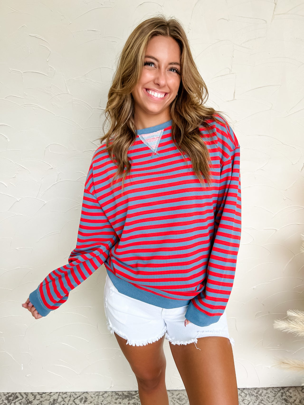 High Road Striped Oversized Crewneck Pullover- Slate Blue/Red
