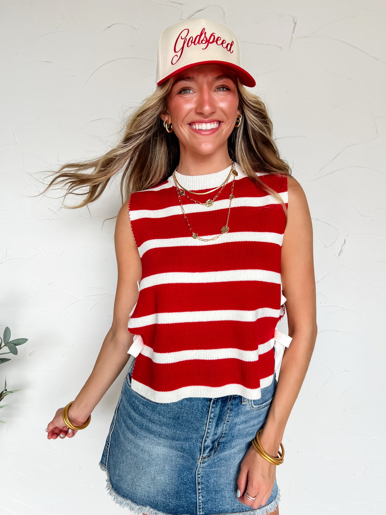 Call The Shots Side Bow Knit Striped Top- Ruby