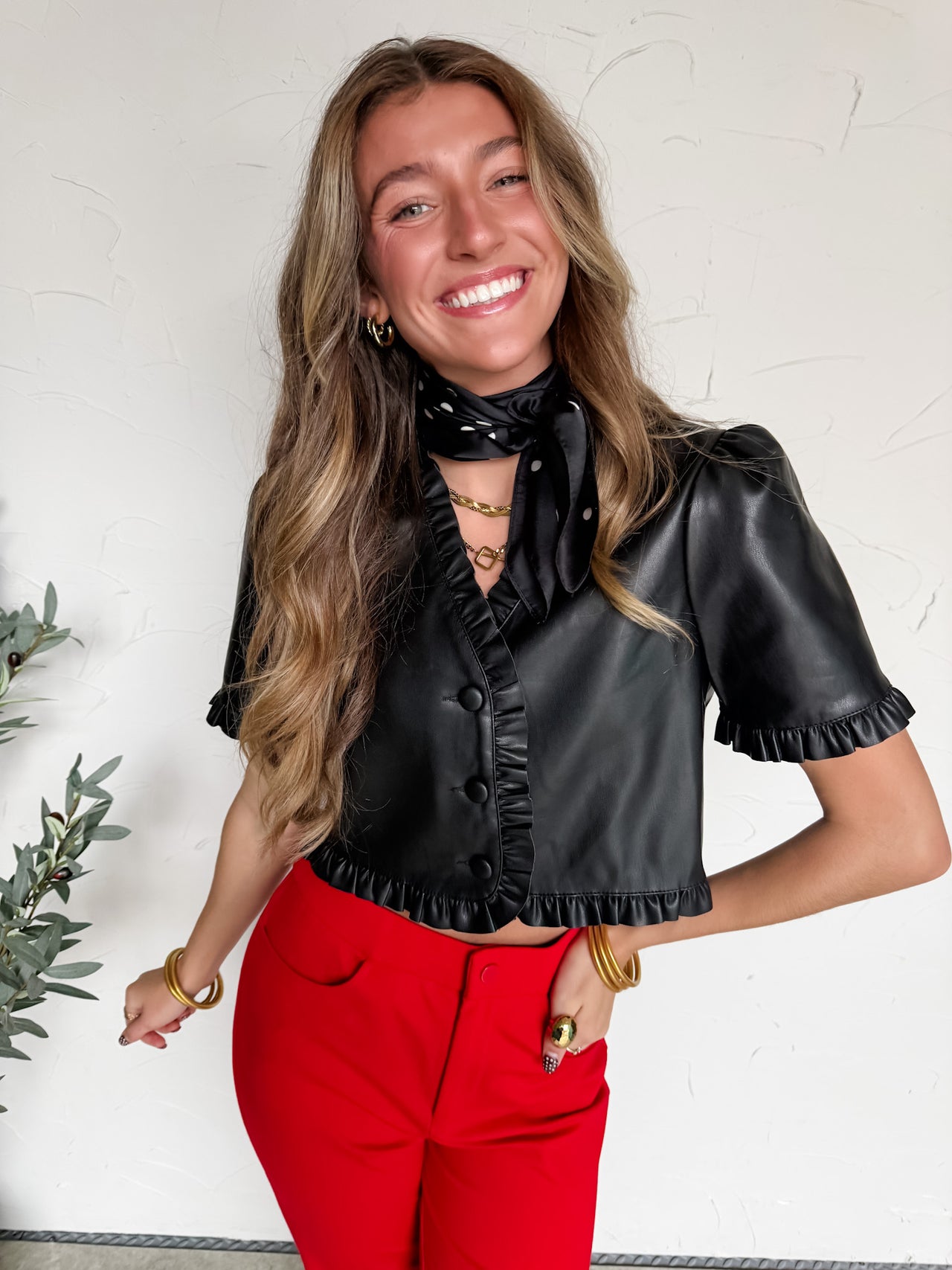 Truly Exceptional Ruffled Black Leather Top