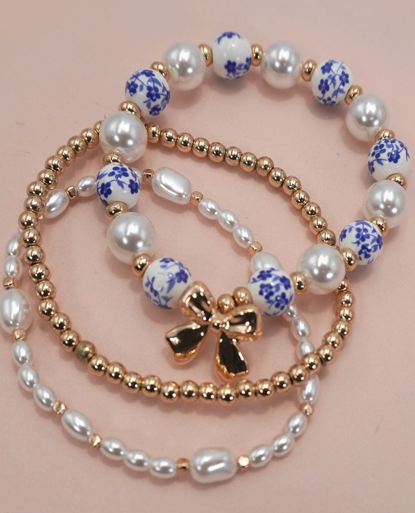 Blue Ceramic Porcelain Bow Multi Layer Bracelet