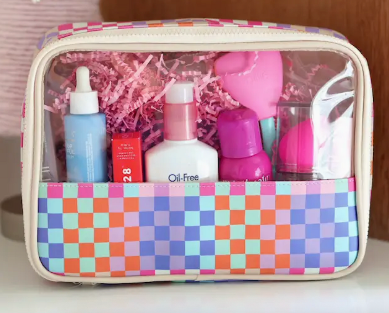 Oversized Cosmetic Bag- Happy Checkered