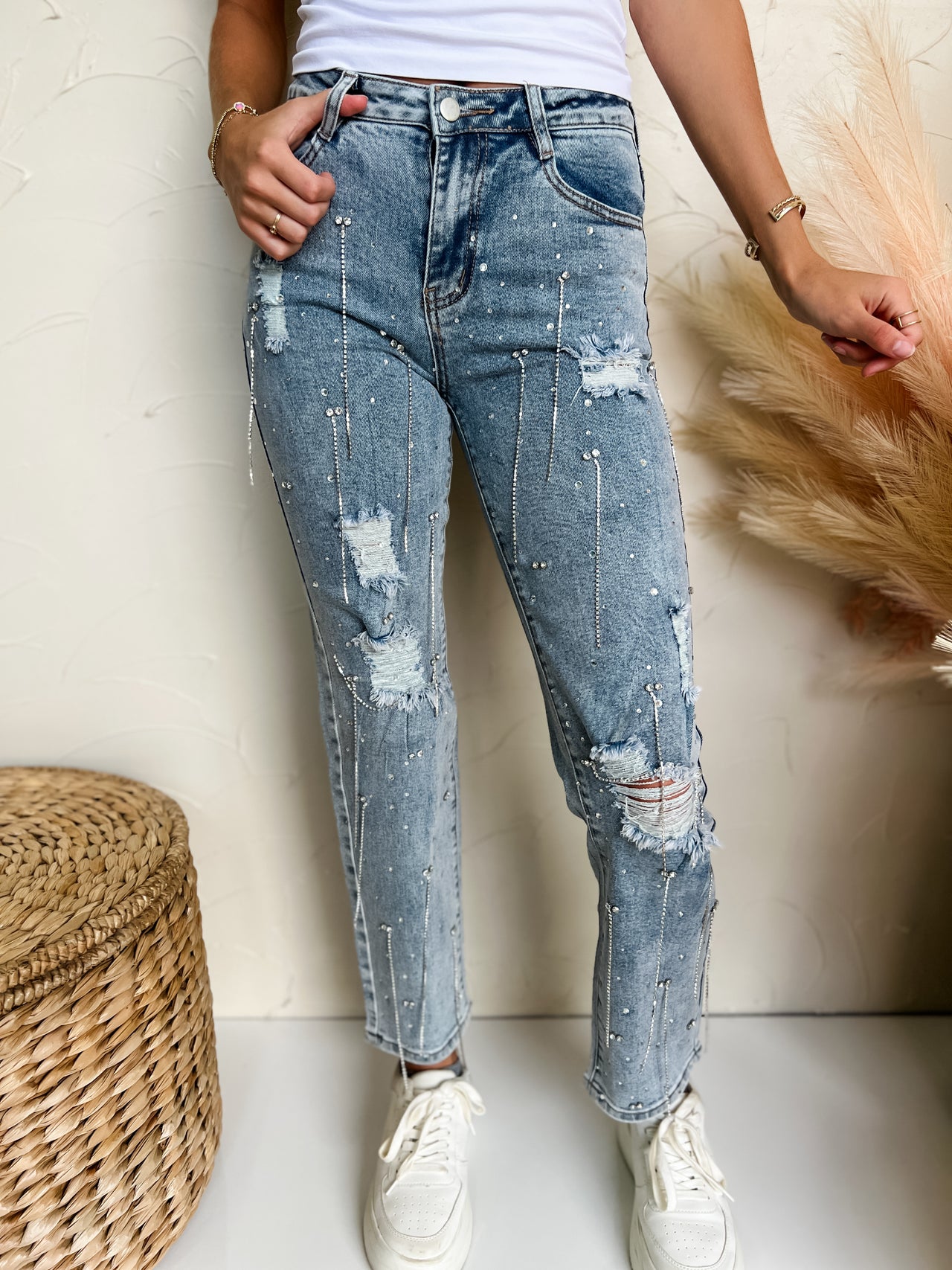 She Rocks And Rolls Mid Rise Rhinestone Fringe Detail Jeans