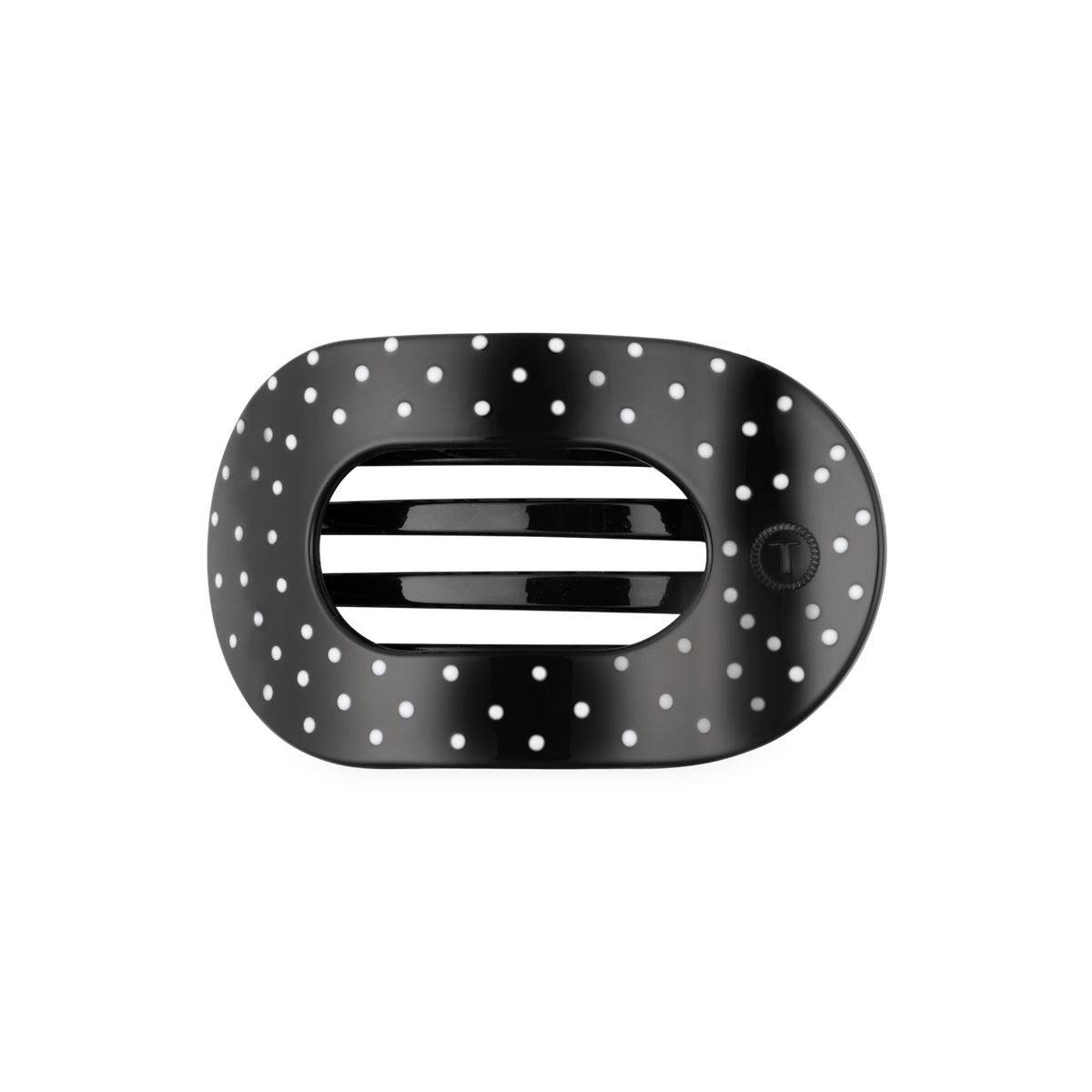 Black and white striped device with polka dot border on a white background