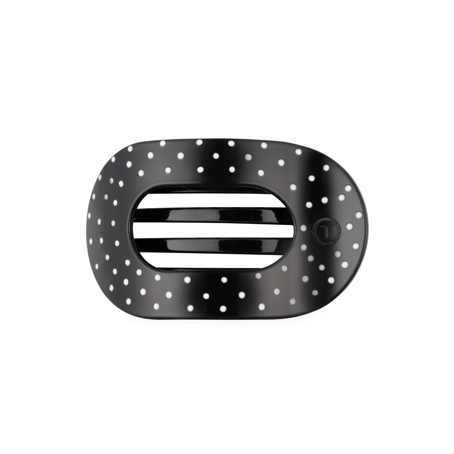 Black and white striped device with polka dot border on a white background