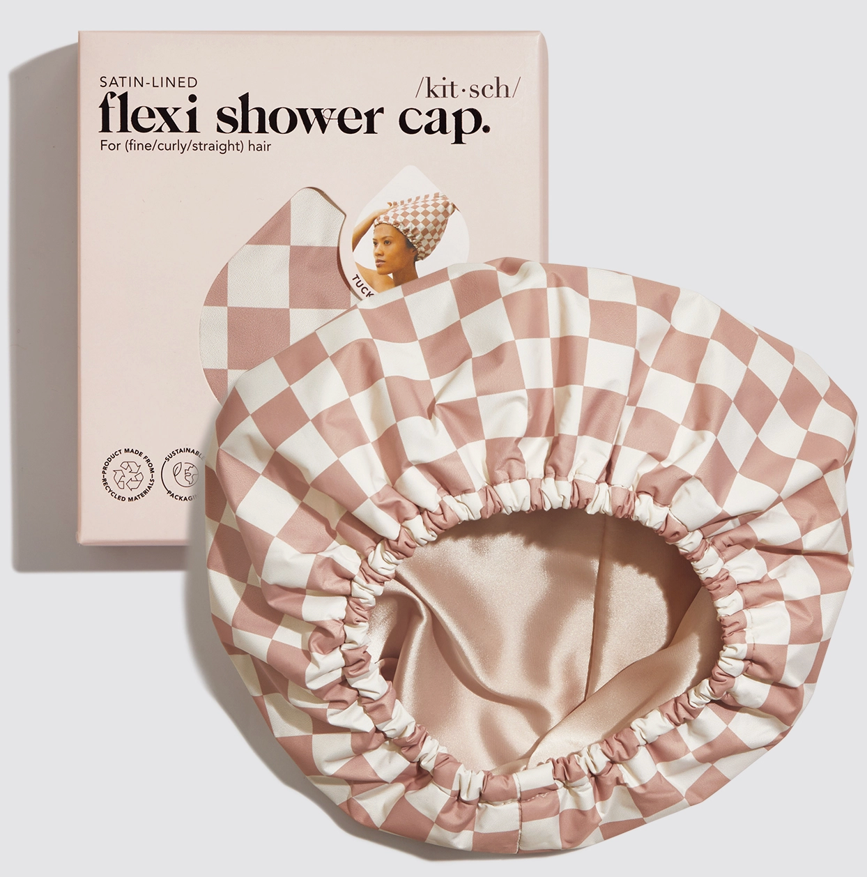 Satin Lined Flexi Shower Cap- Terracotta Checkered