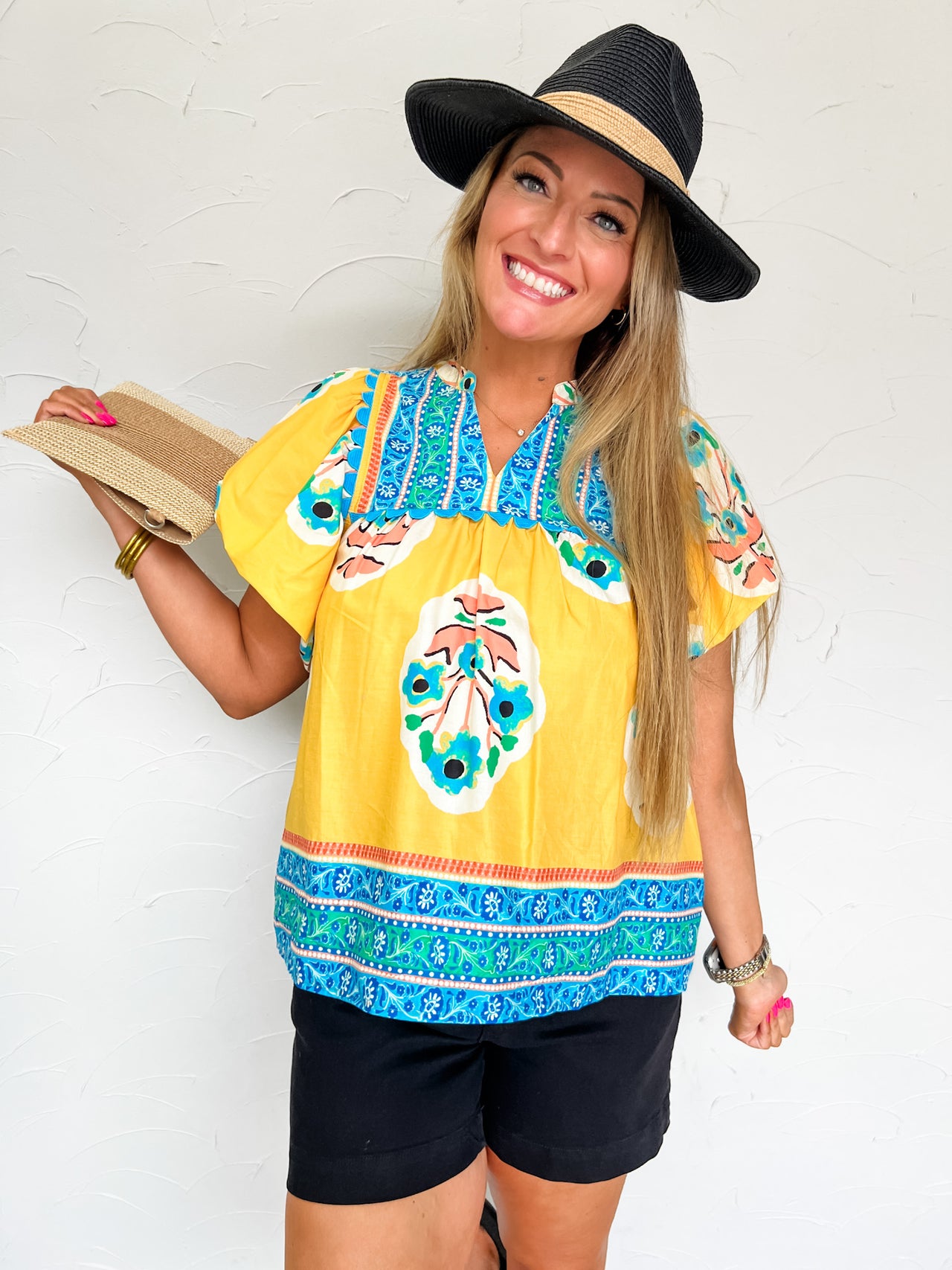 World Keeps Going Wide Sleeve Printed Top- Golden