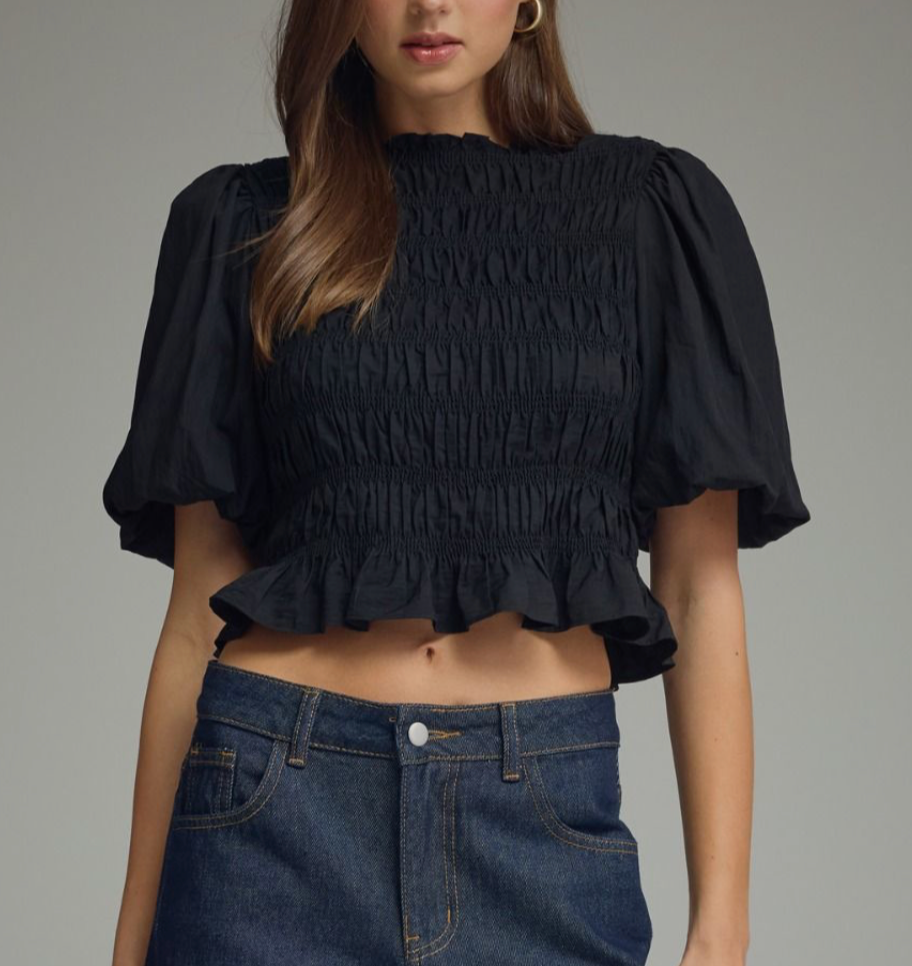 Give Me The Credit Smocked Bodice Cropped Top- Black