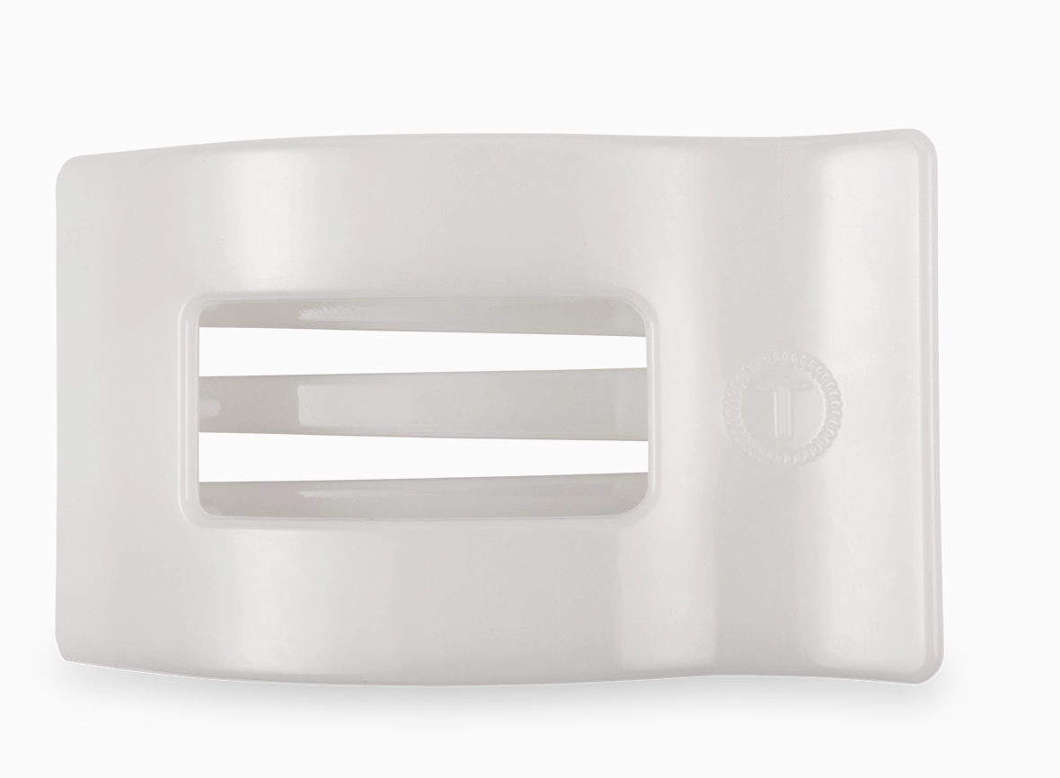 Rectangular white hair clip component on a white background