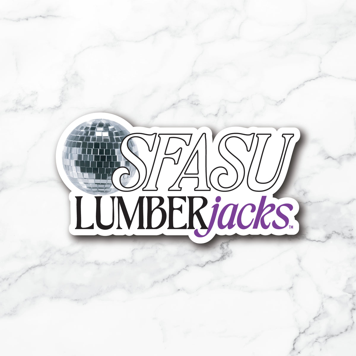 A die-cut sticker featuring the text 'SFASU LUMBERjacks' with a silver disco ball graphic, shown on a white marble background. The letters 'SFASU' are outlined in black, 'LUMBER' is in black, and 'jacks' is in purple.