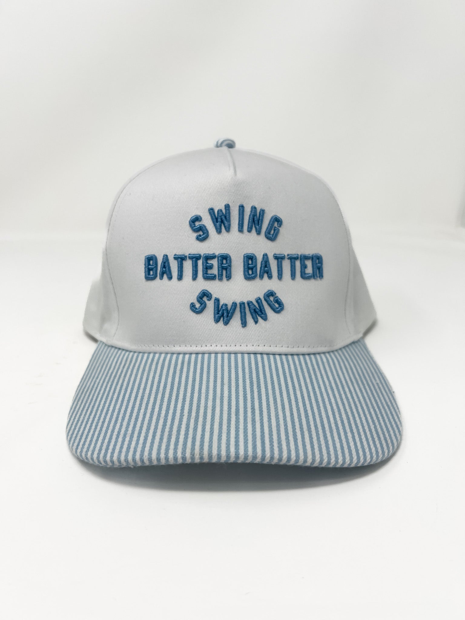 Gray cap with blue text 'SWING BATTER BATTER SWING' on a white background