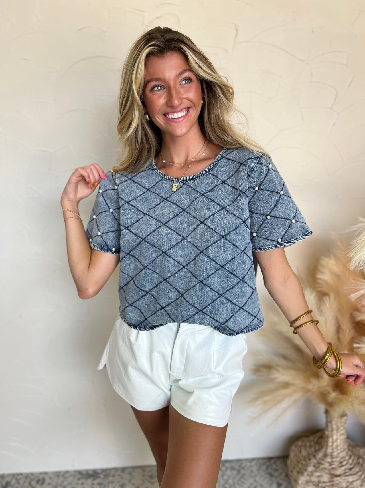 Cross My Heart Denim Crop Top With Pearl Detail