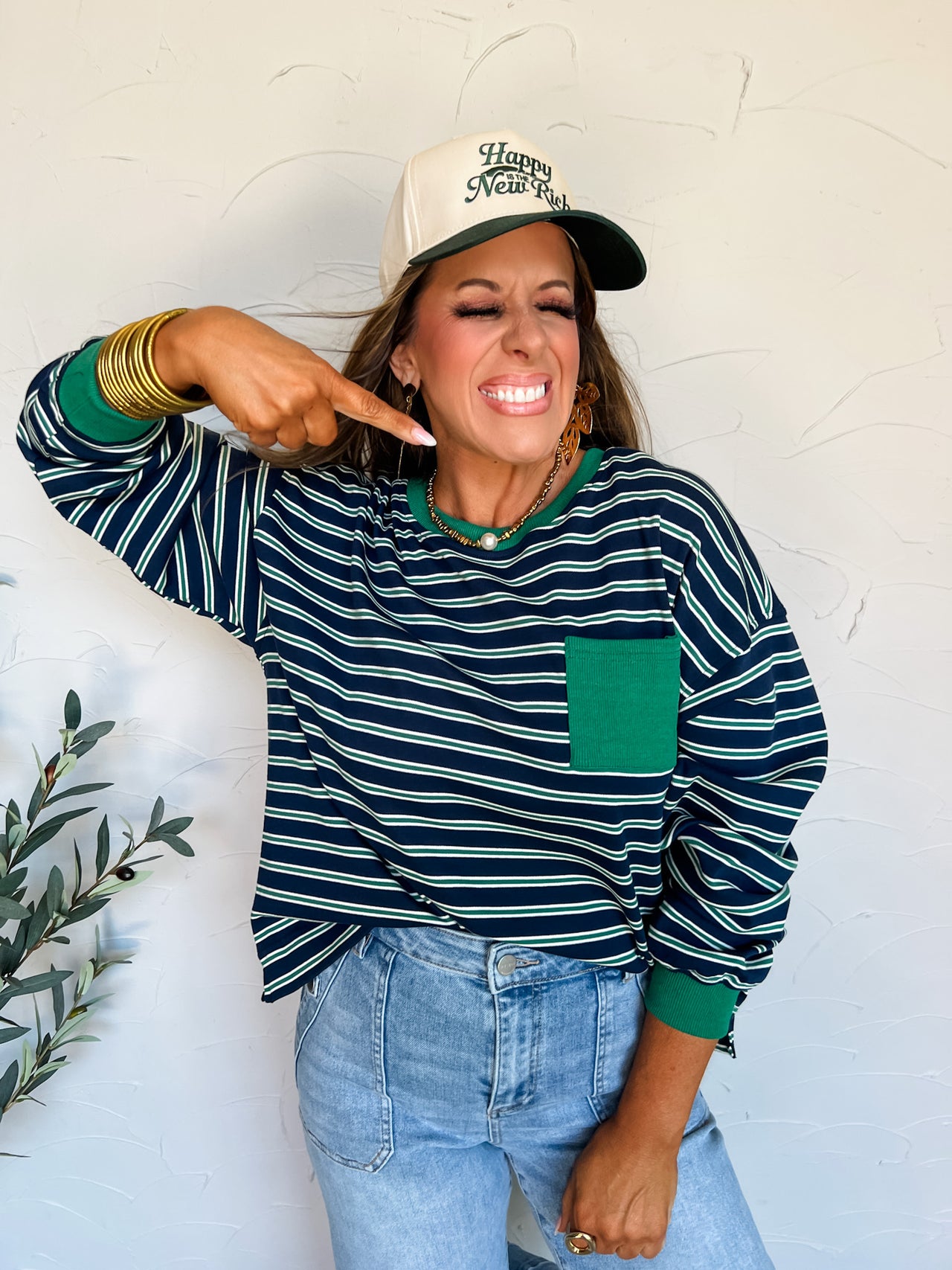 A Balancing Act Striped Crew Neck Top- Navy/Green