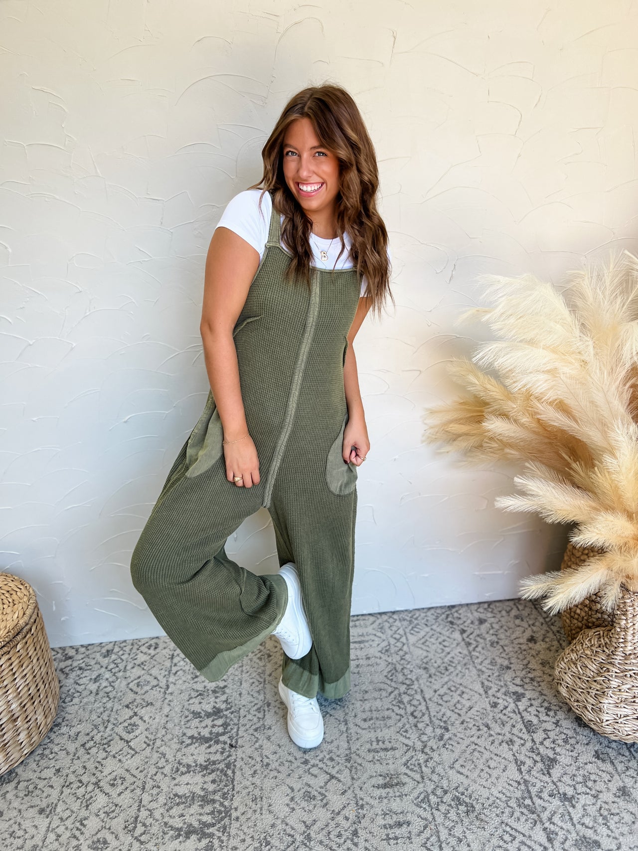 All I Could Ask For Thermal Waffle Overalls- Lt Olive