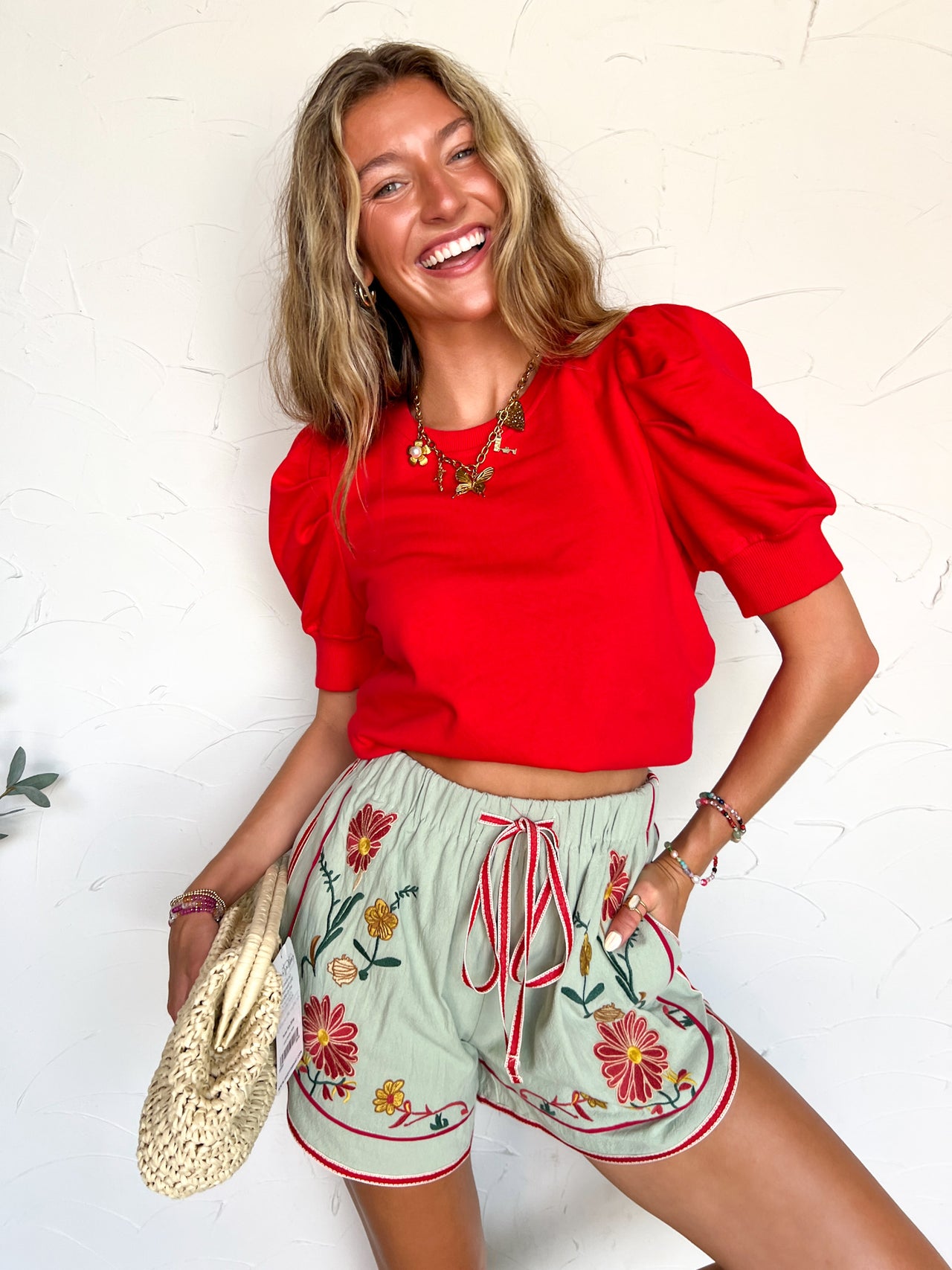 Stay Ready Pleated Sleeve Jersey Top- Red