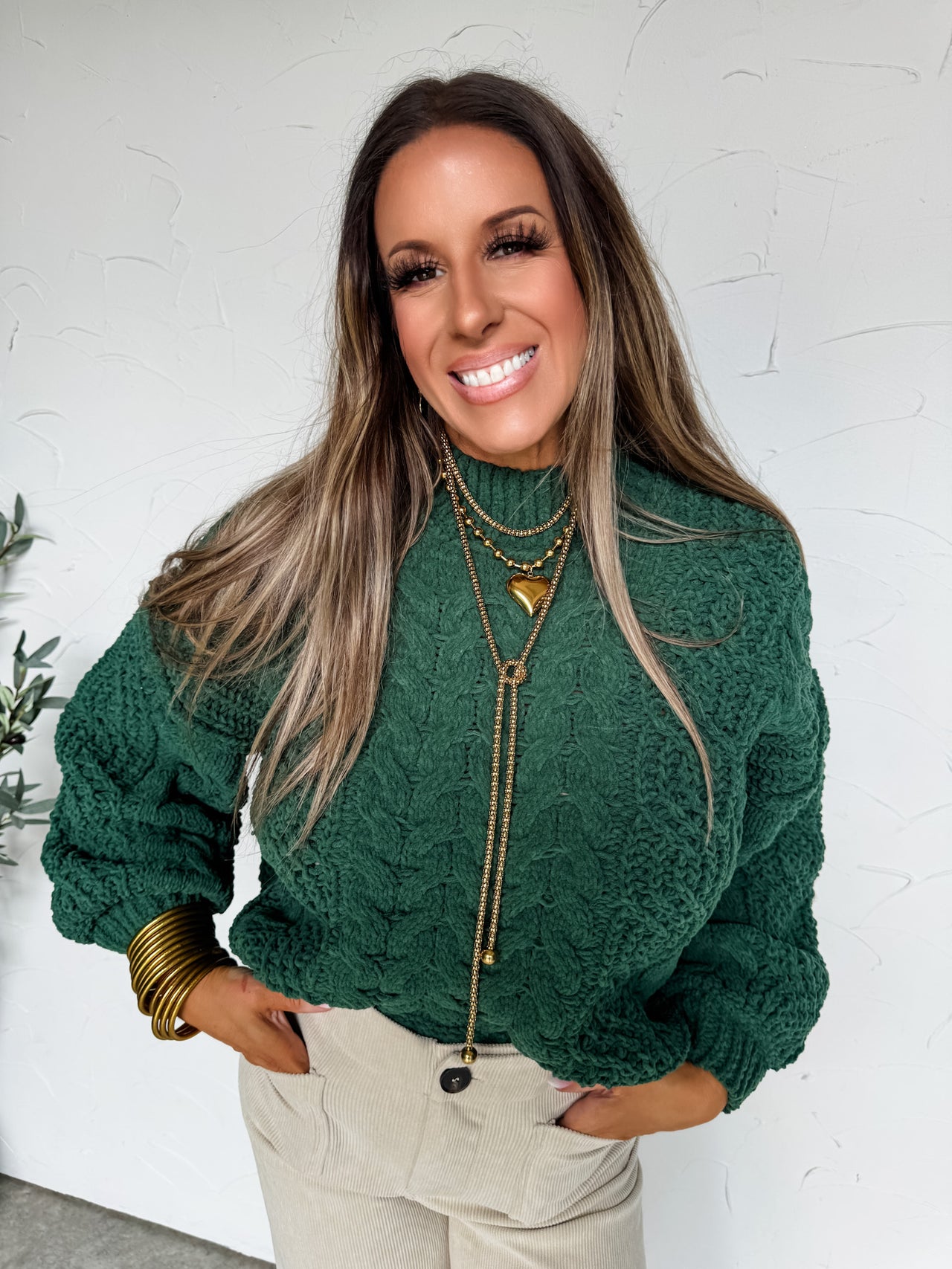 In My Happy Place Cable Knit Sweater- DK Green