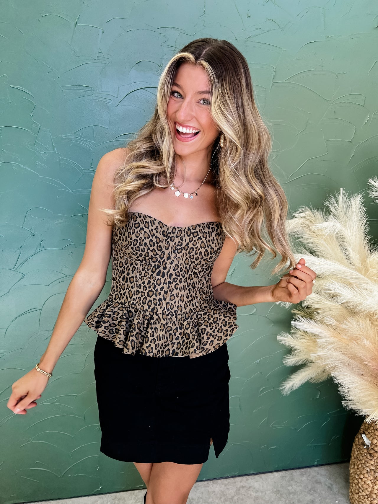 Take My Hand Cheetah Strapless Peplum Top