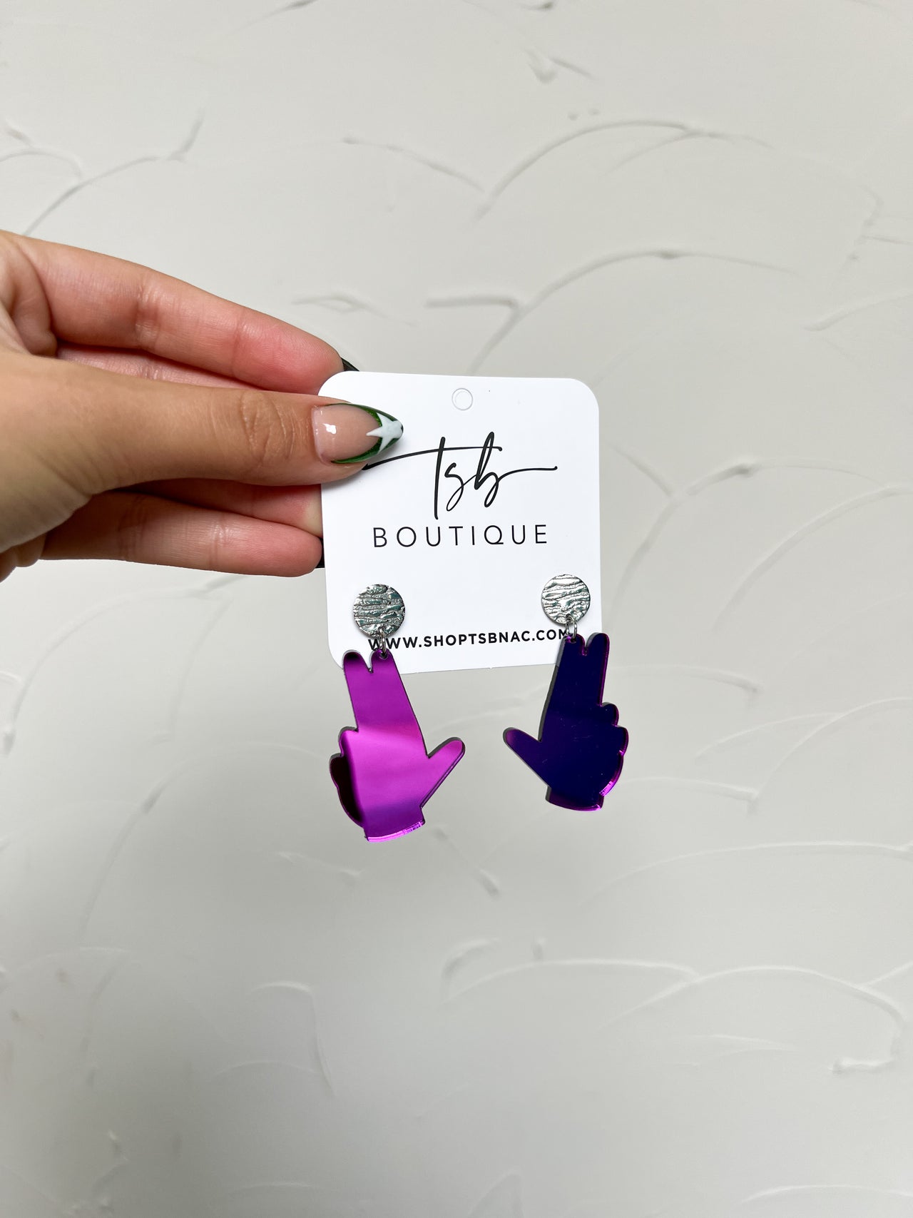 Purple Mirror Axe'em Hand Earrings