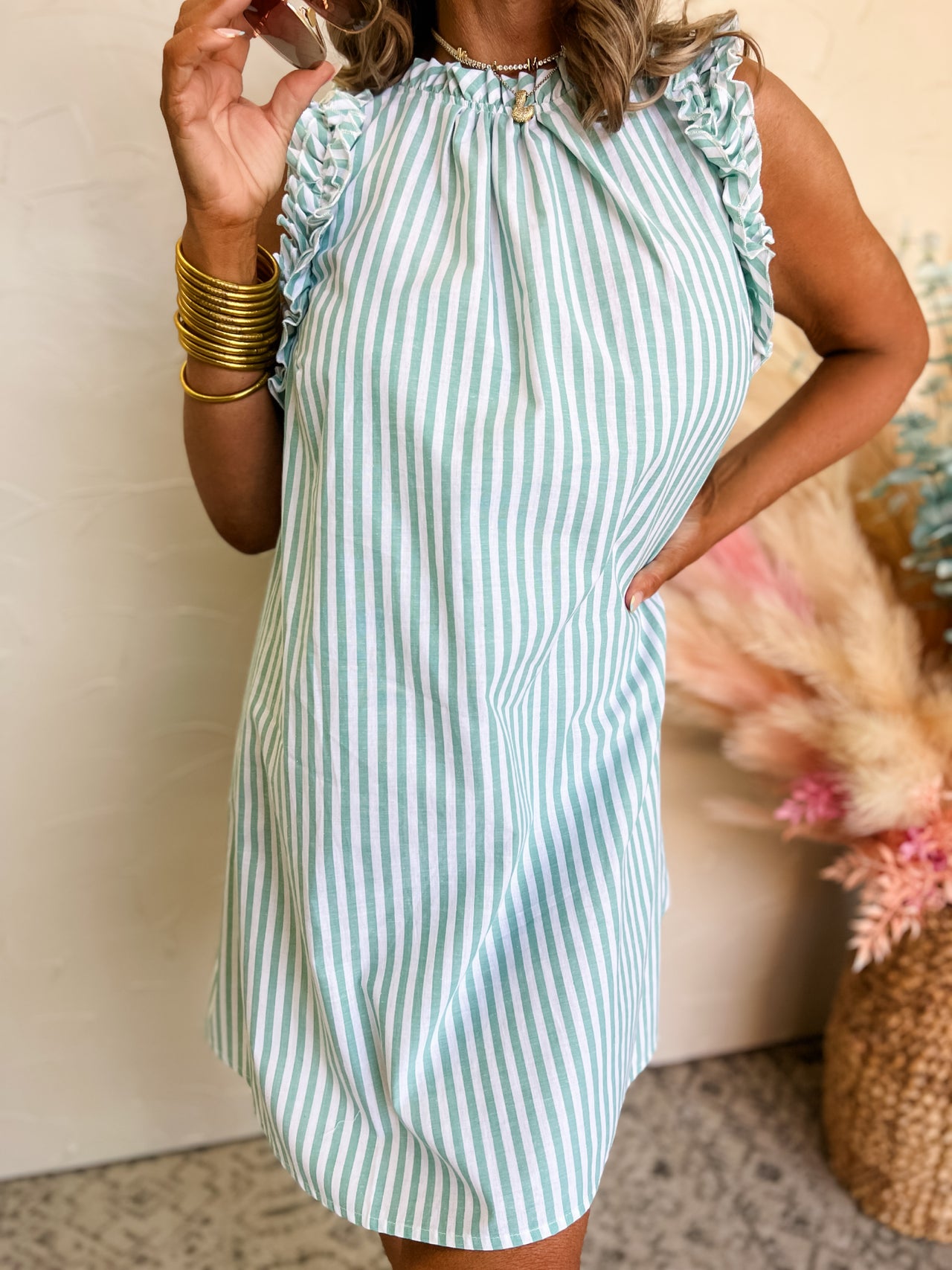 Meant To Be Yours Stripe Ruffle Neck Dress