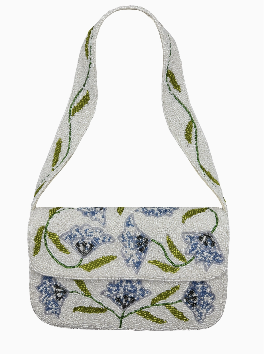 beaded Handbag with floral pattern on a white background