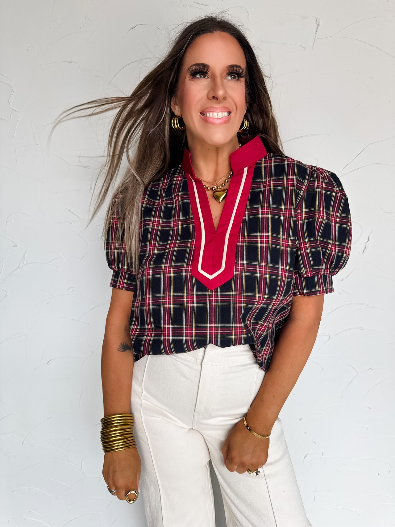 Find My Happy Place Plaid Contrast V Neck Top