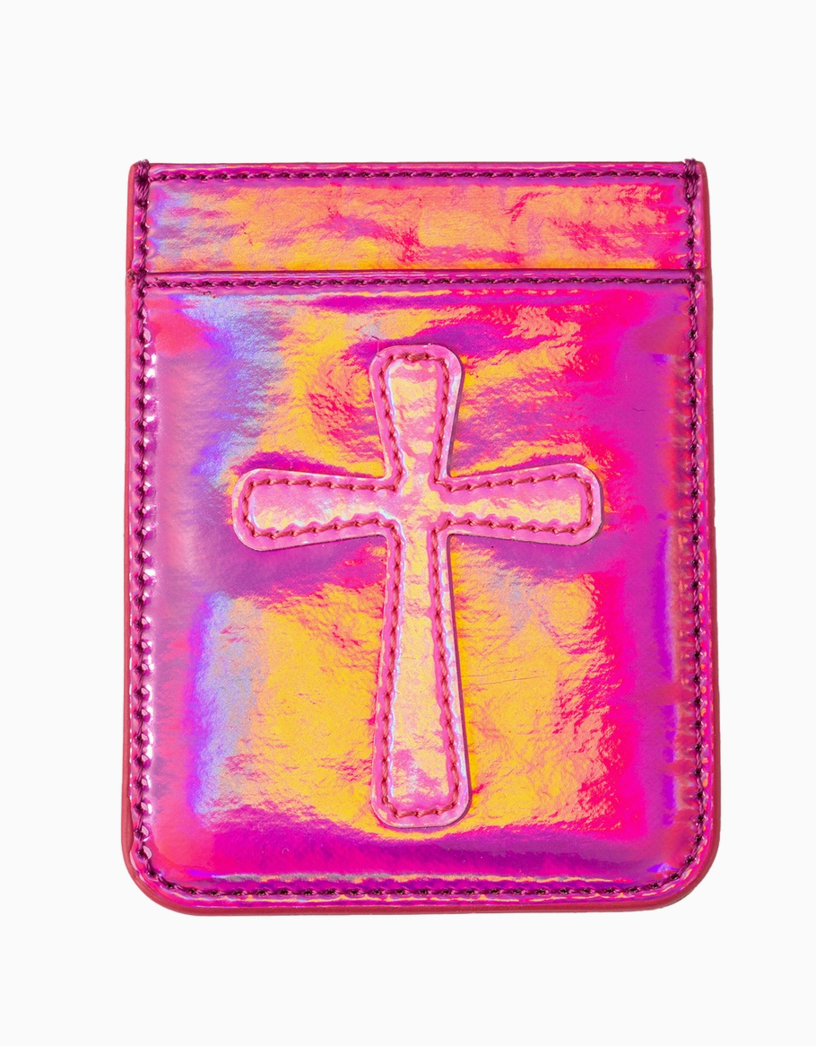 Holographic pink and purple cardholder with a cross design on a white background