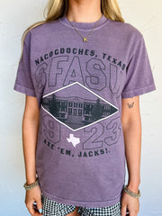Person wearing a purple t-shirt with 'Nacogdoches, Texas SFASU 1923 Axe 'Em, Jacks!' design.
