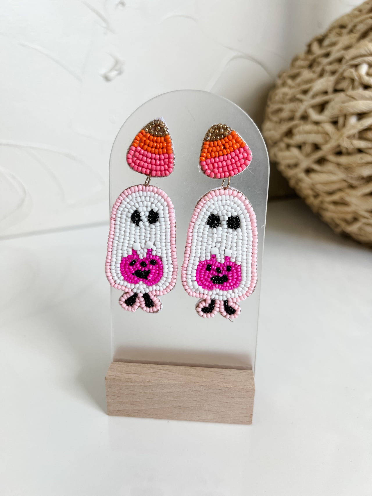 Candy Corn And Ghost Beaded Earrings