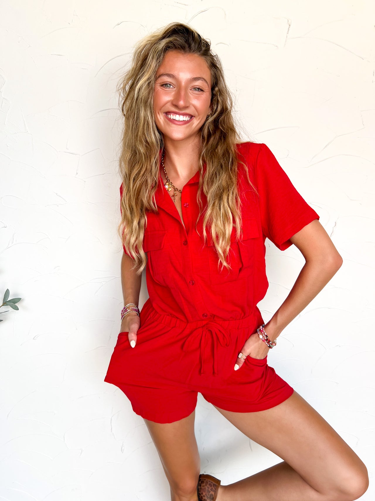 Elevate The Look Button Down Romper- Red