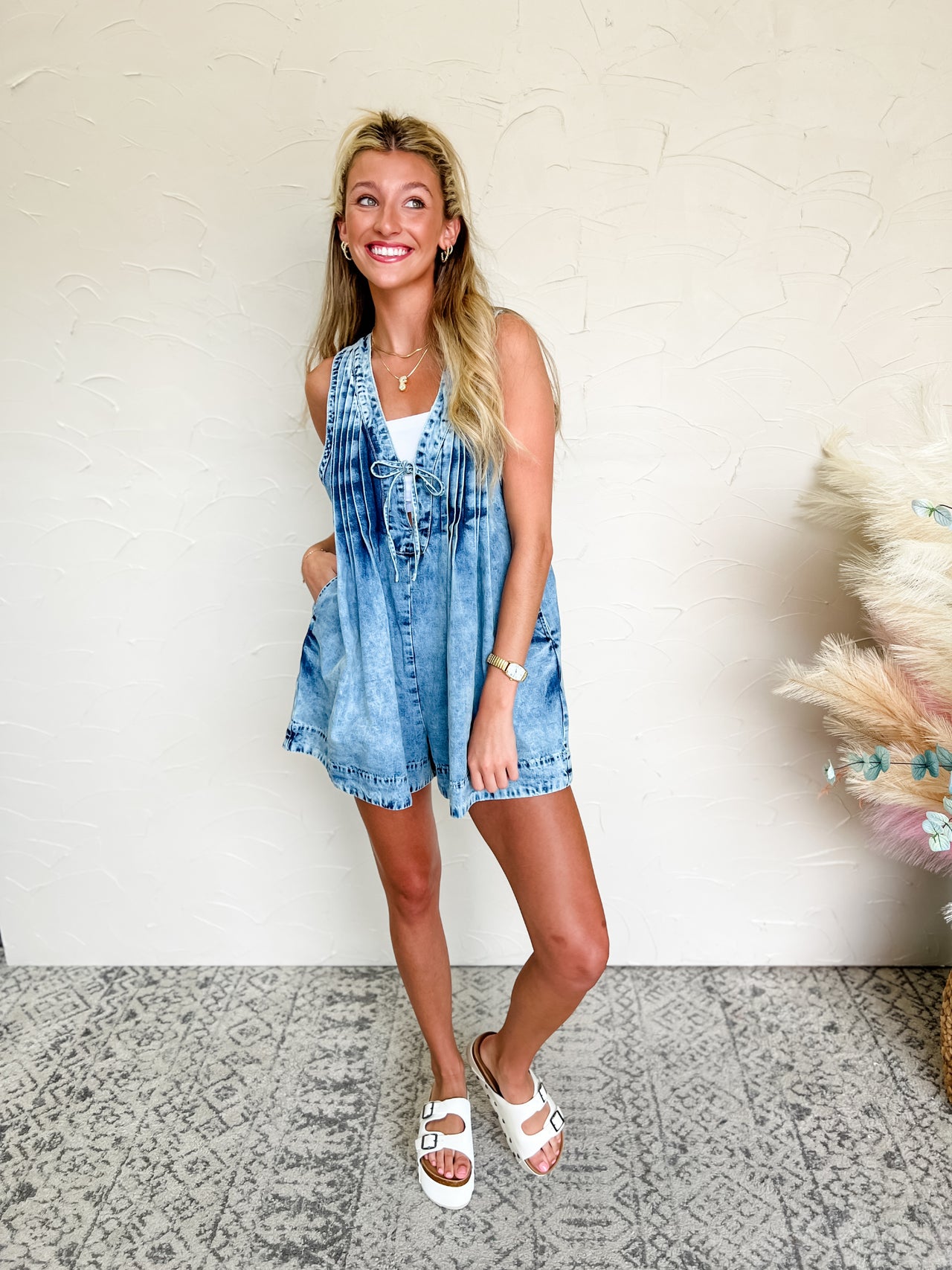 Let's Be Clear V Neck Pleated Denim Romper