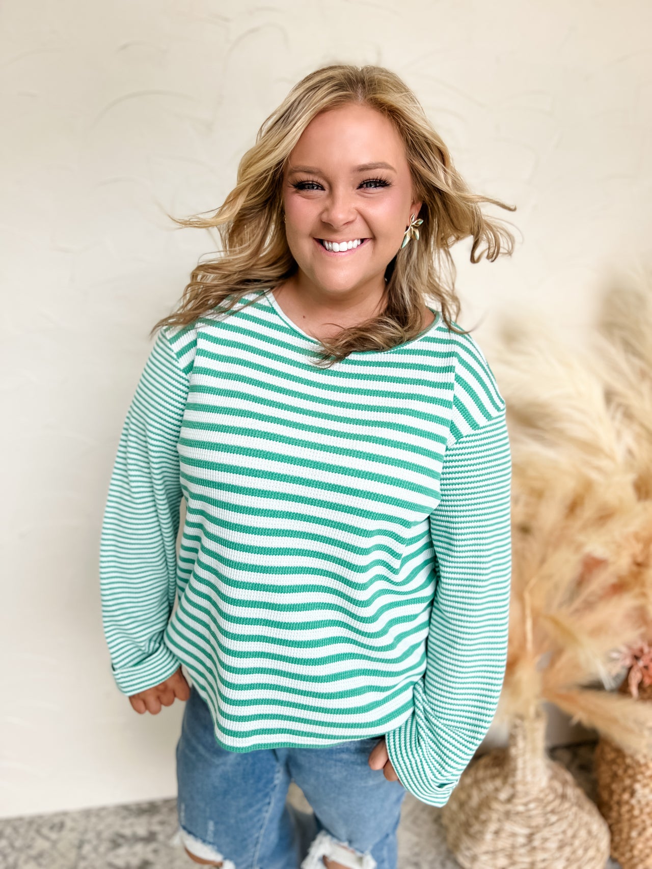 Easy Days Wide Folded Sleeve Stripe Knit Top- Green