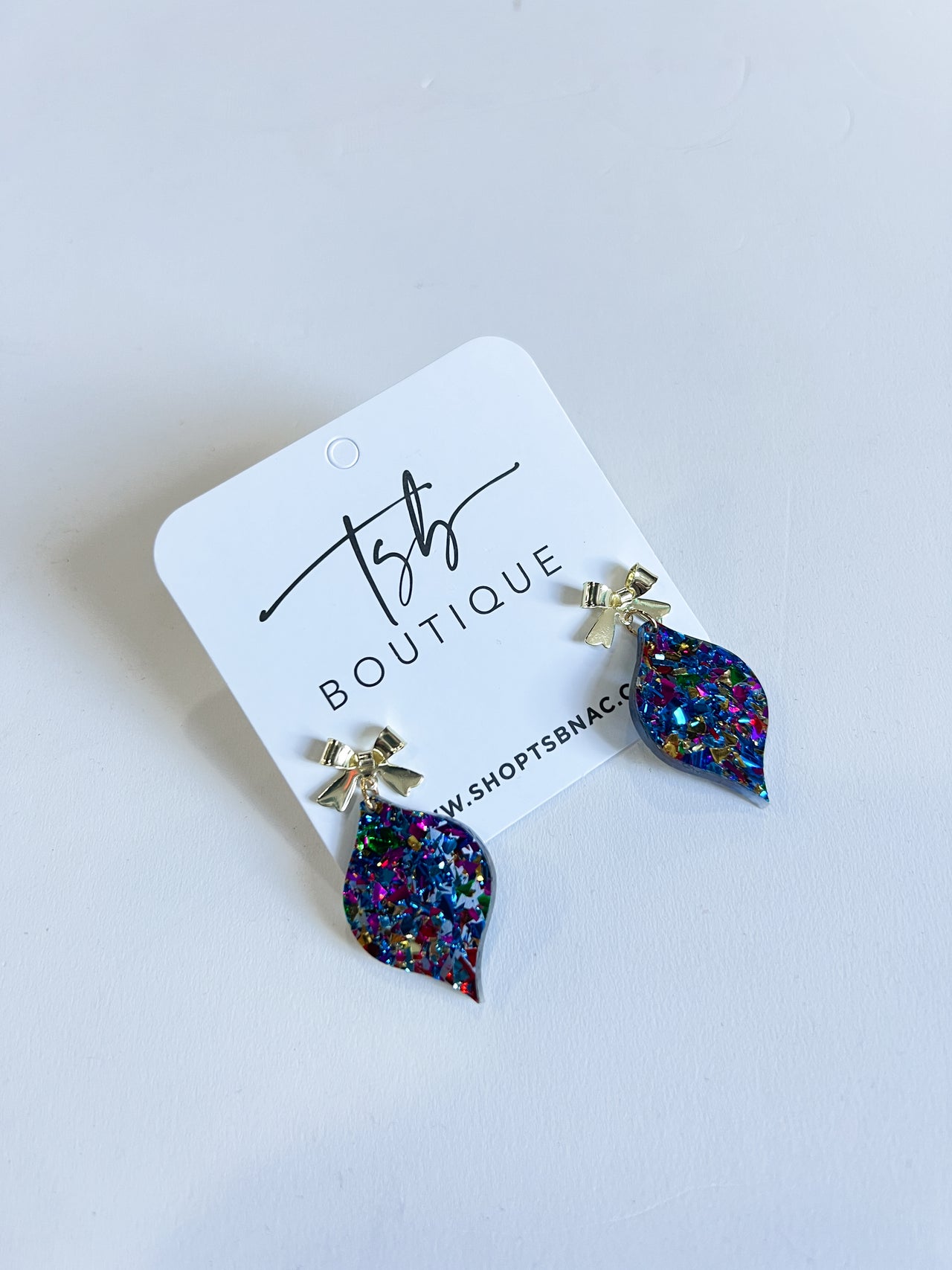 Blue Funfetti Ornament/ Gold Bow Earrings