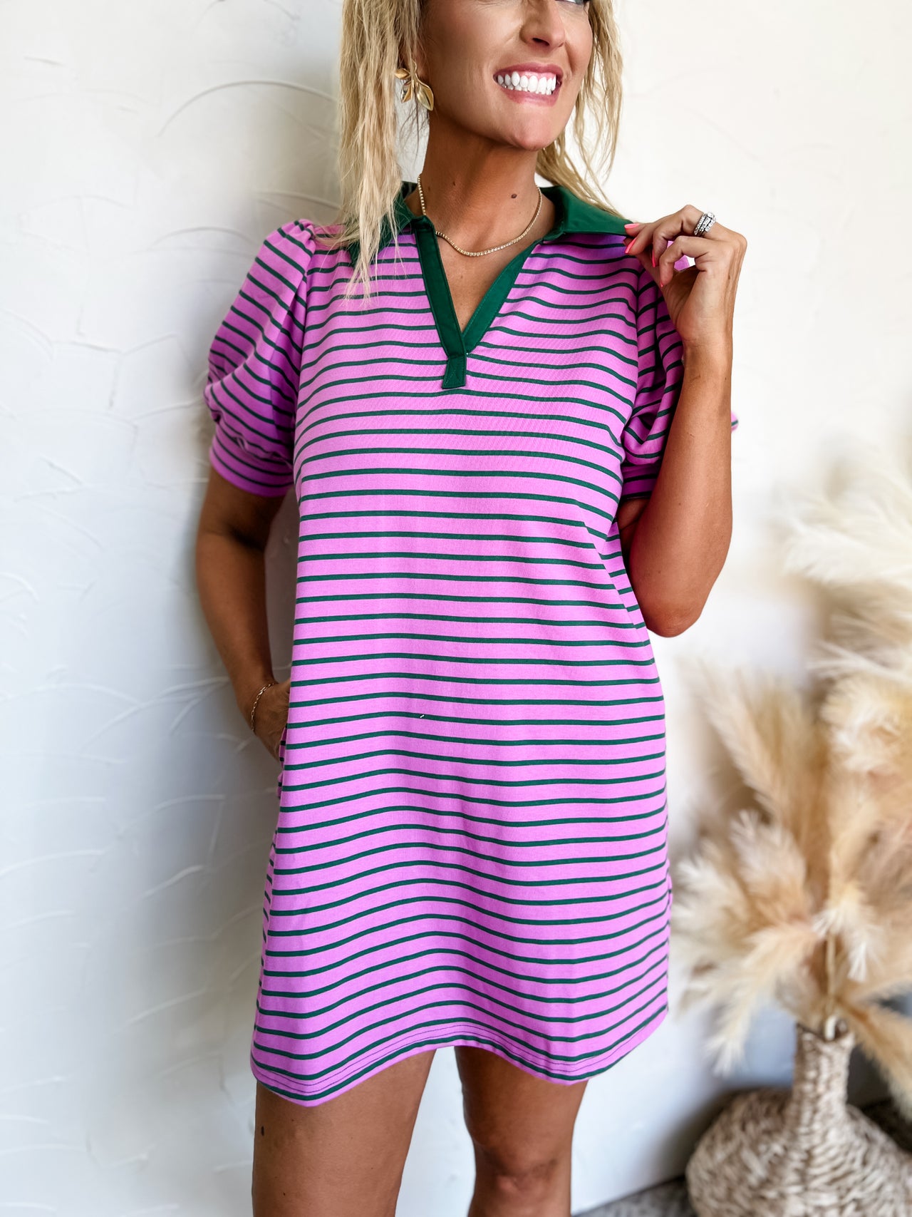 Time To Tee Up Striped Collared V Neck Dress- Orchid