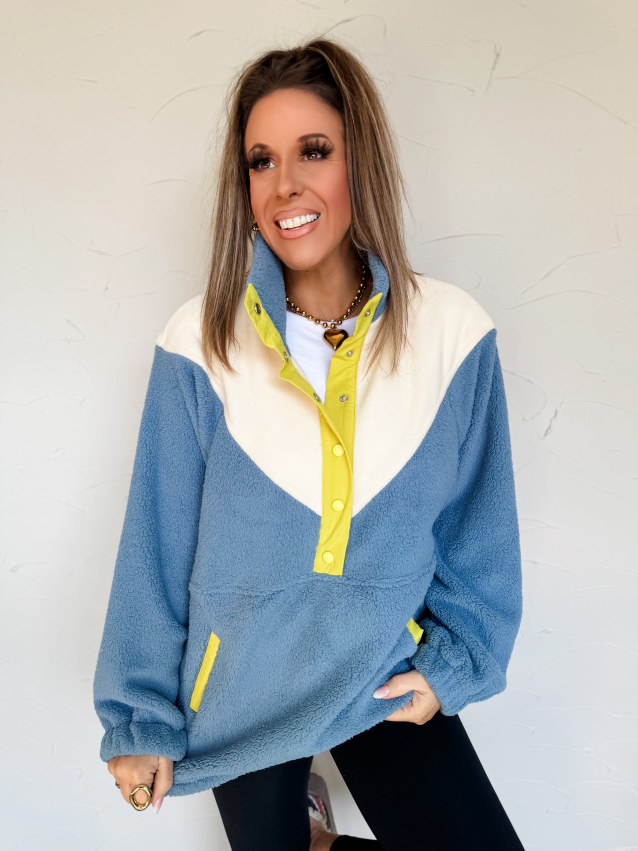 Ready To Go Color Block Fleece Pullover- Denim