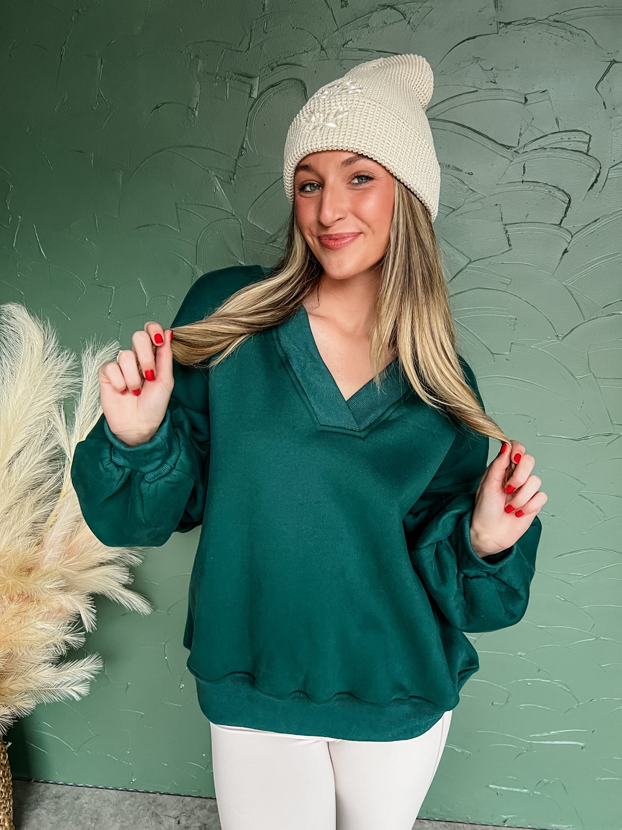 Just Because Oversized V Neck Sweatshirt- Hunter Green